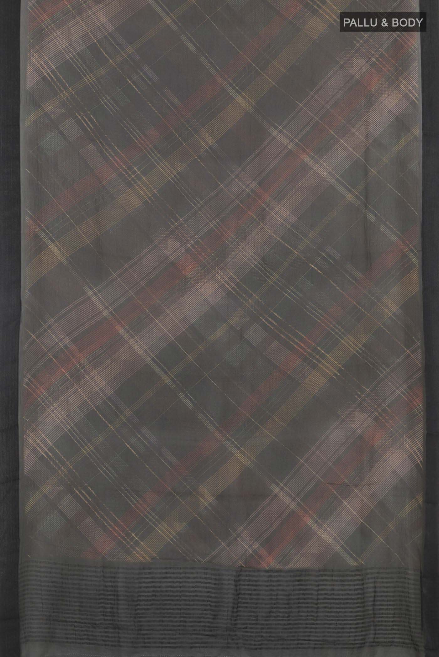 Flat view of Black Mysore Chiffon Saree with Printed design on the body and Plain Border. 