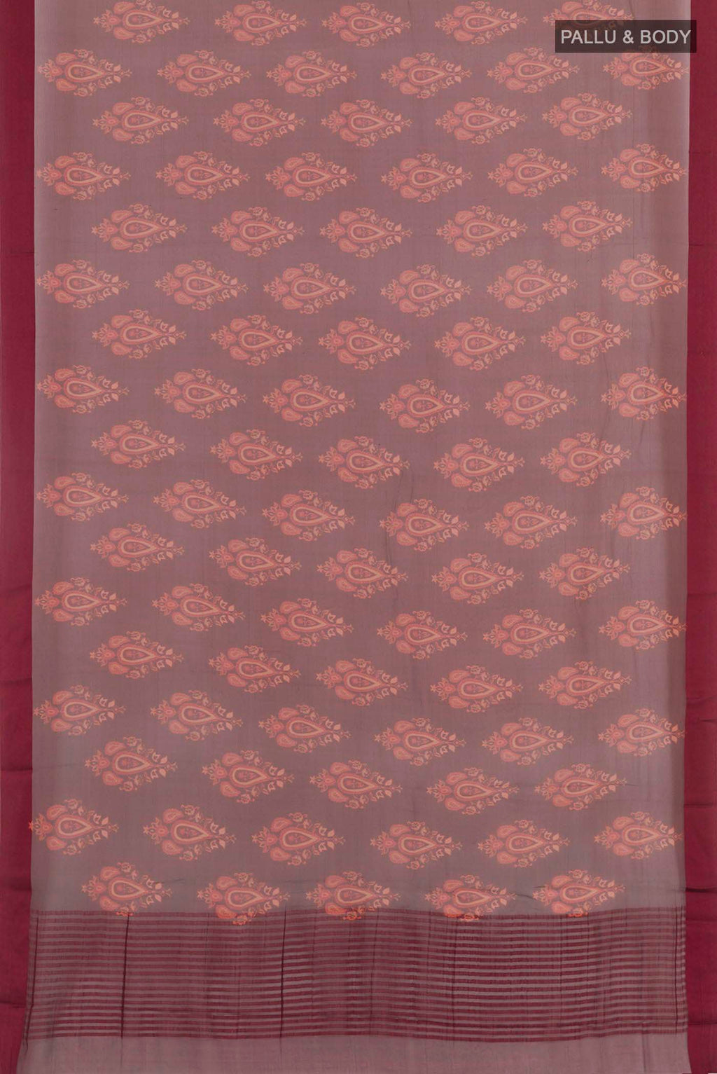 Flat view of Maroon Mysore Chiffon Saree with Printed design on the body and Plain Border. 