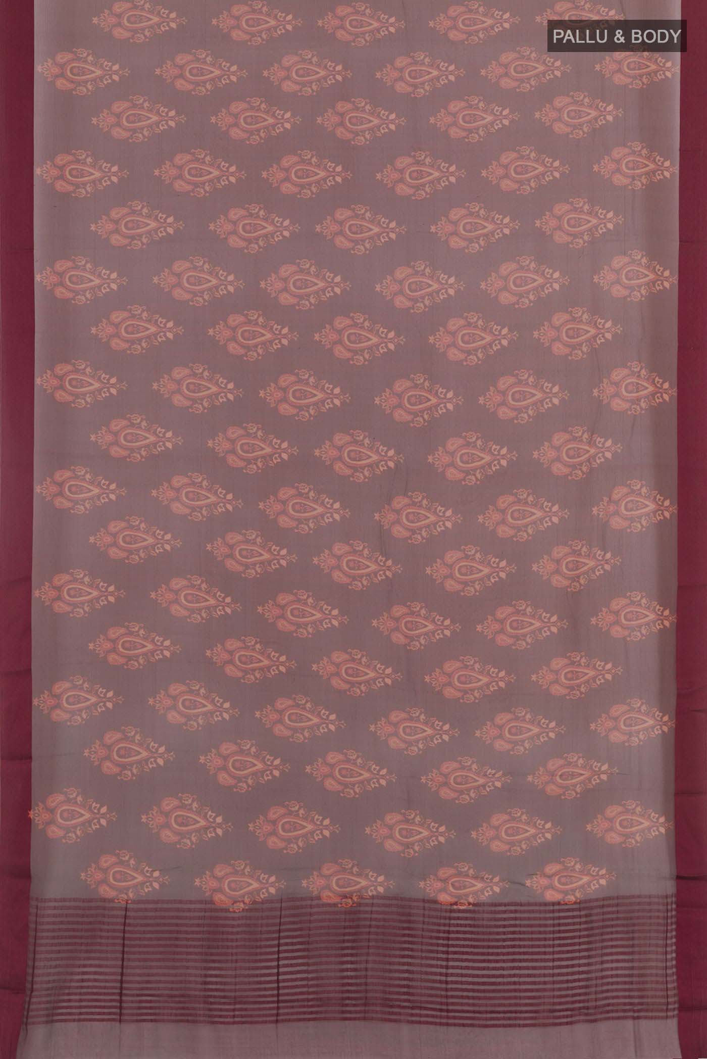 Flat view of Maroon Mysore Chiffon Saree with Printed design on the body and Plain Border. 