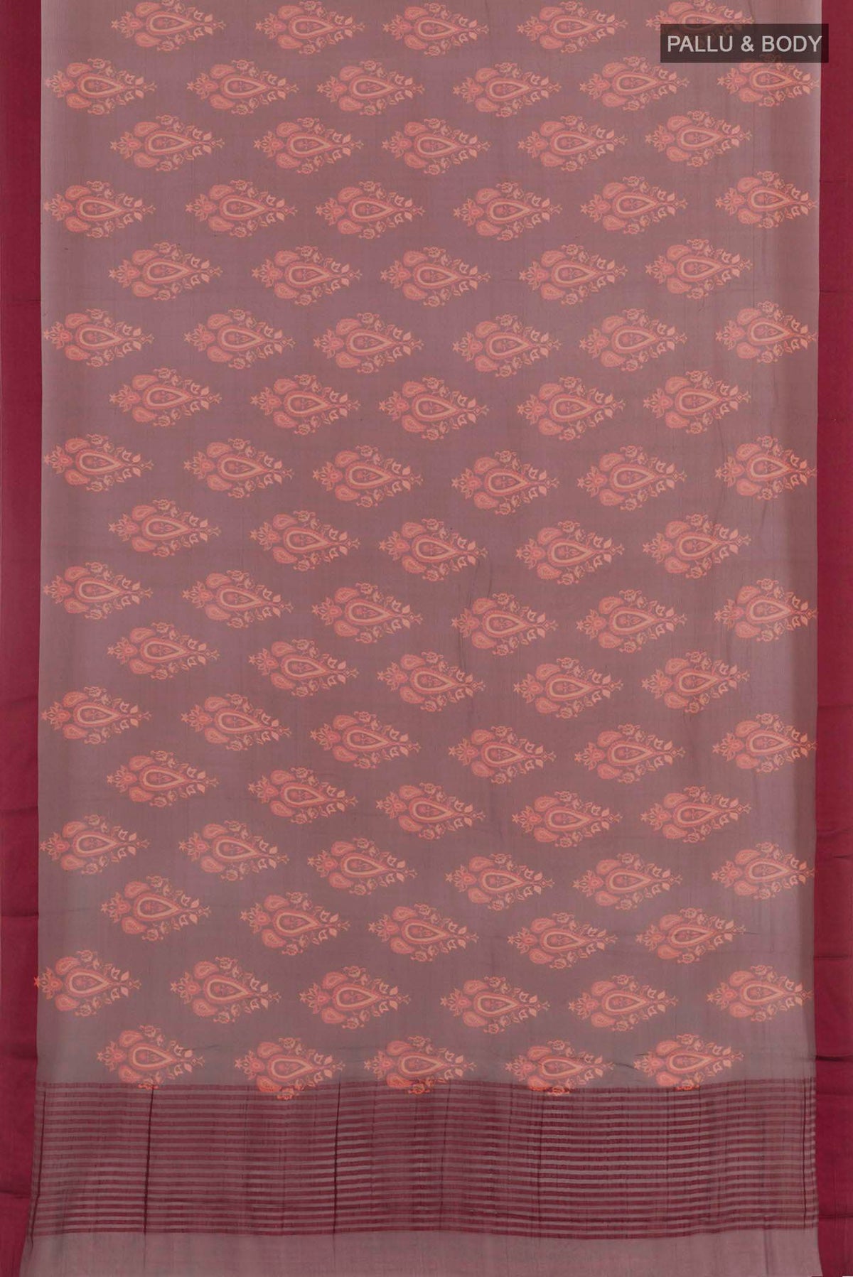 Flat view of Maroon Mysore Chiffon Saree with Printed design on the body and Plain Border. 