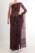 Purple Mysore Chiffon Saree with Printed design on the body and Plain Border.  displayed on a mannequin