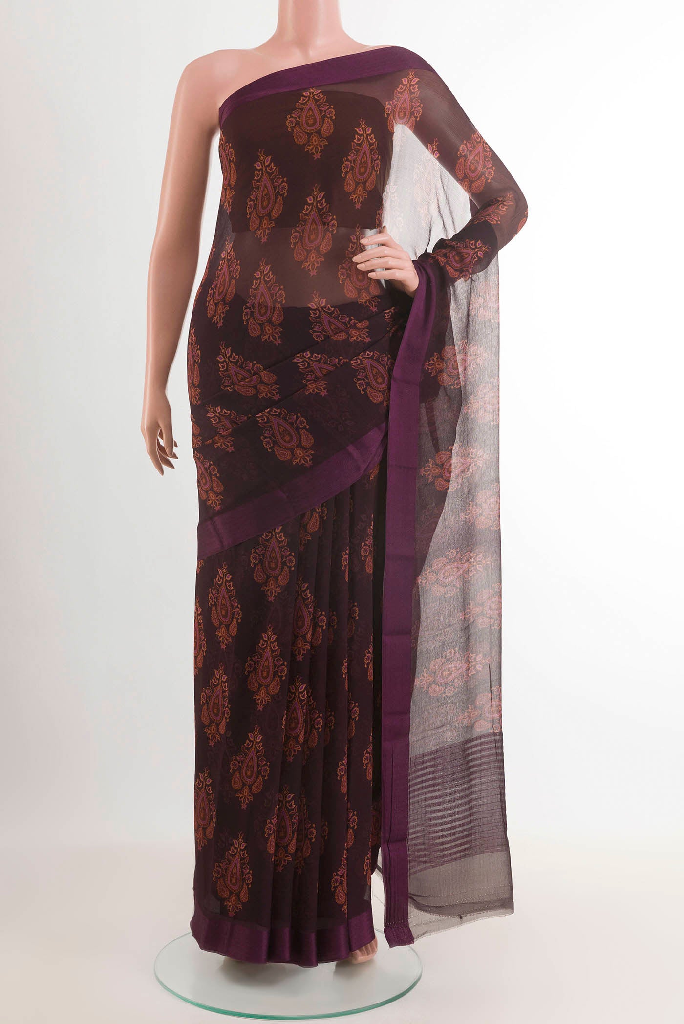 Purple Mysore Chiffon Saree with Printed design on the body and Plain Border.  displayed on a mannequin