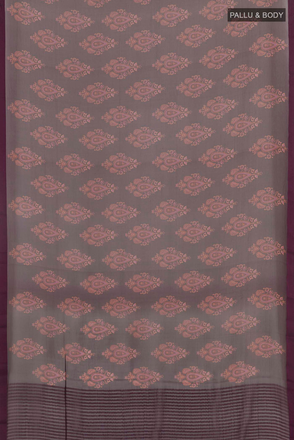 Flat view of Purple Mysore Chiffon Saree with Printed design on the body and Plain Border. 