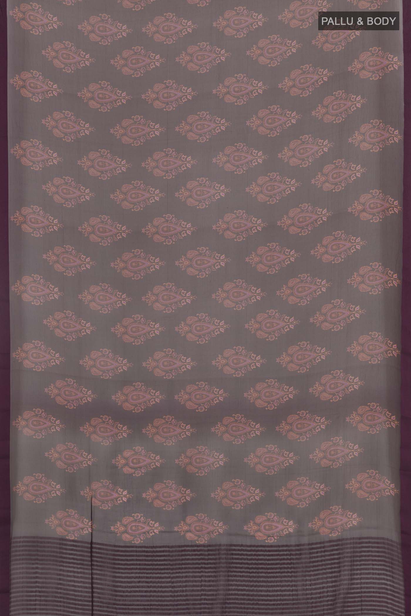 Flat view of Purple Mysore Chiffon Saree with Printed design on the body and Plain Border. 