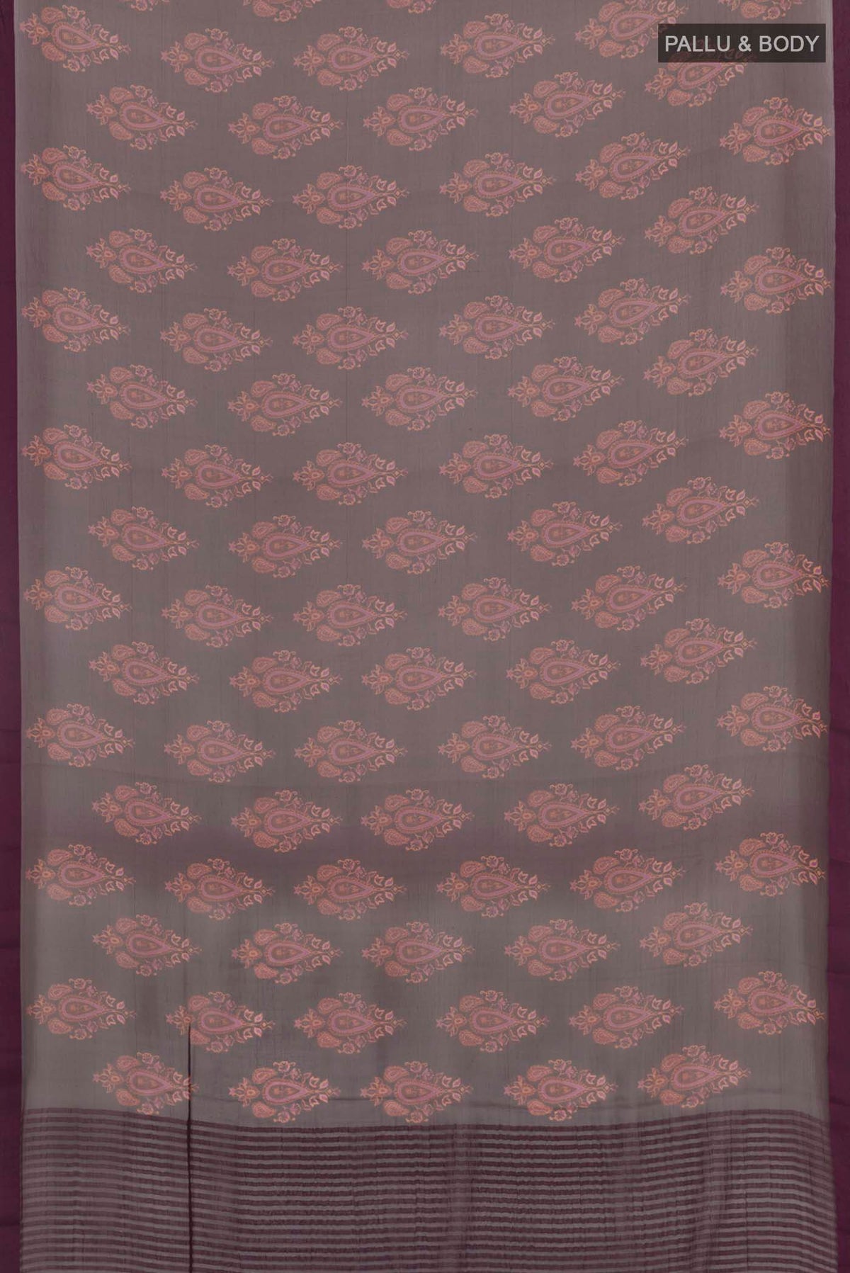Flat view of Purple Mysore Chiffon Saree with Printed design on the body and Plain Border. 