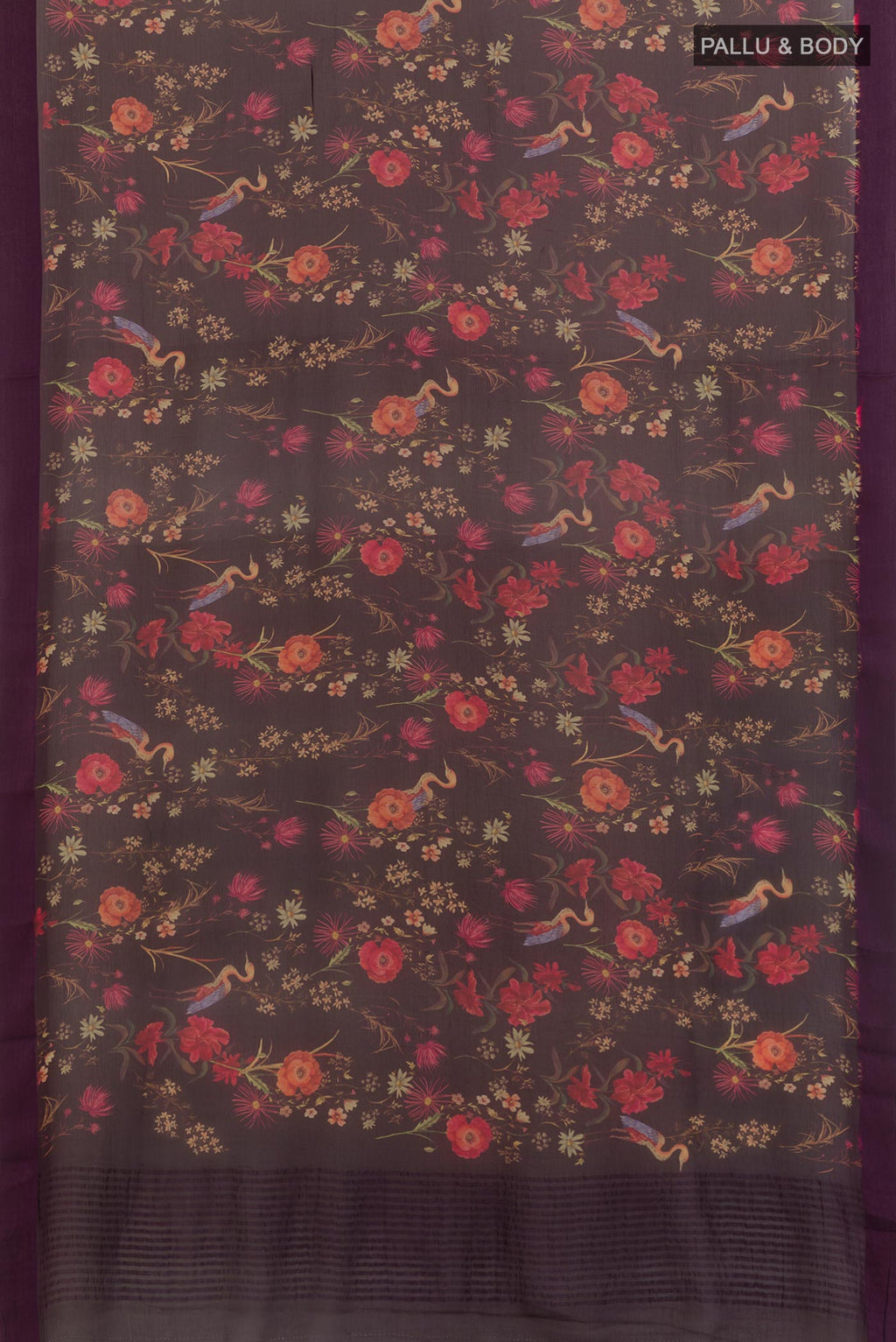 Flat view of Purple Mysore Chiffon Saree with Printed design on the body and Zari Border. 