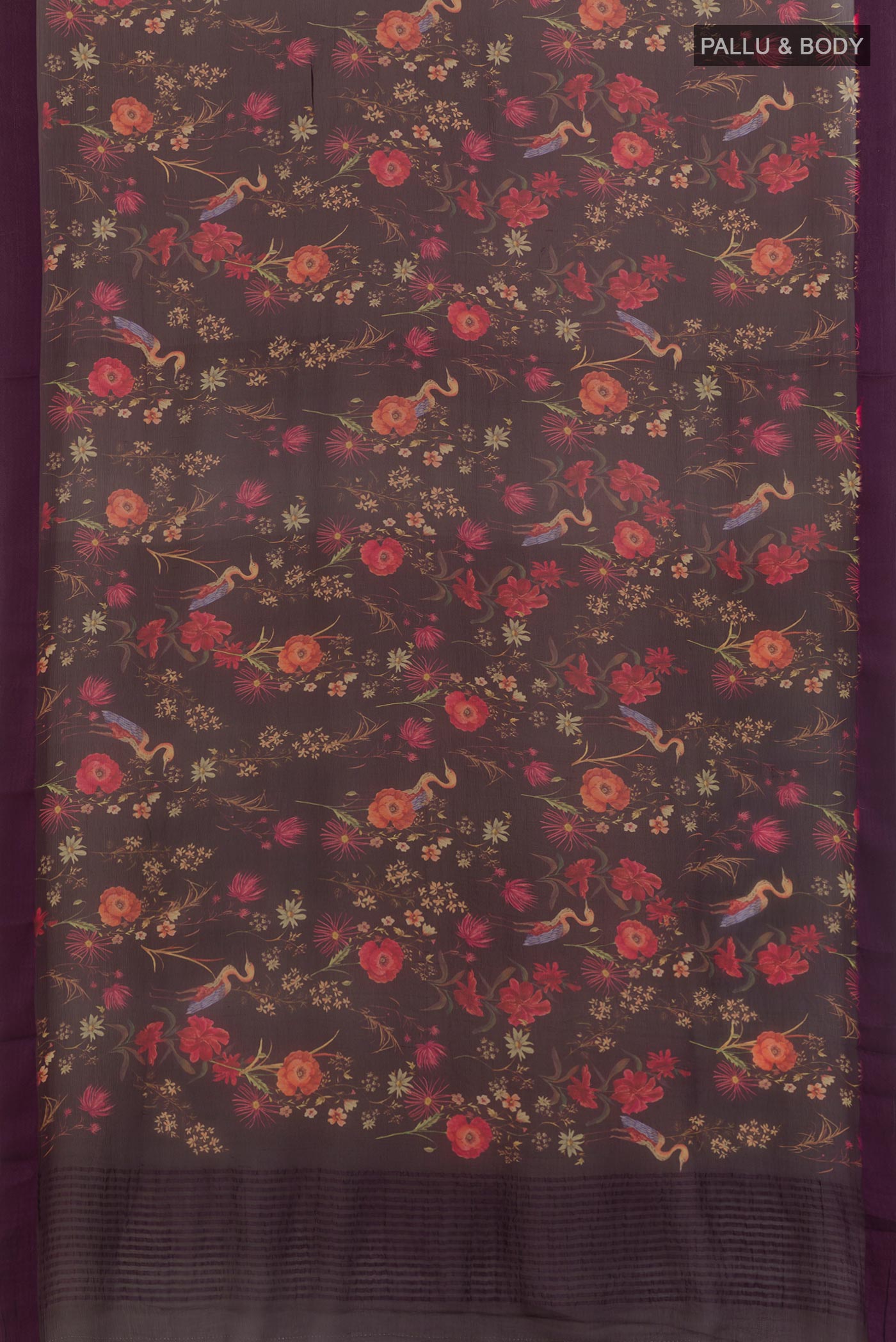 Flat view of Purple Mysore Chiffon Saree with Printed design on the body and Zari Border. 