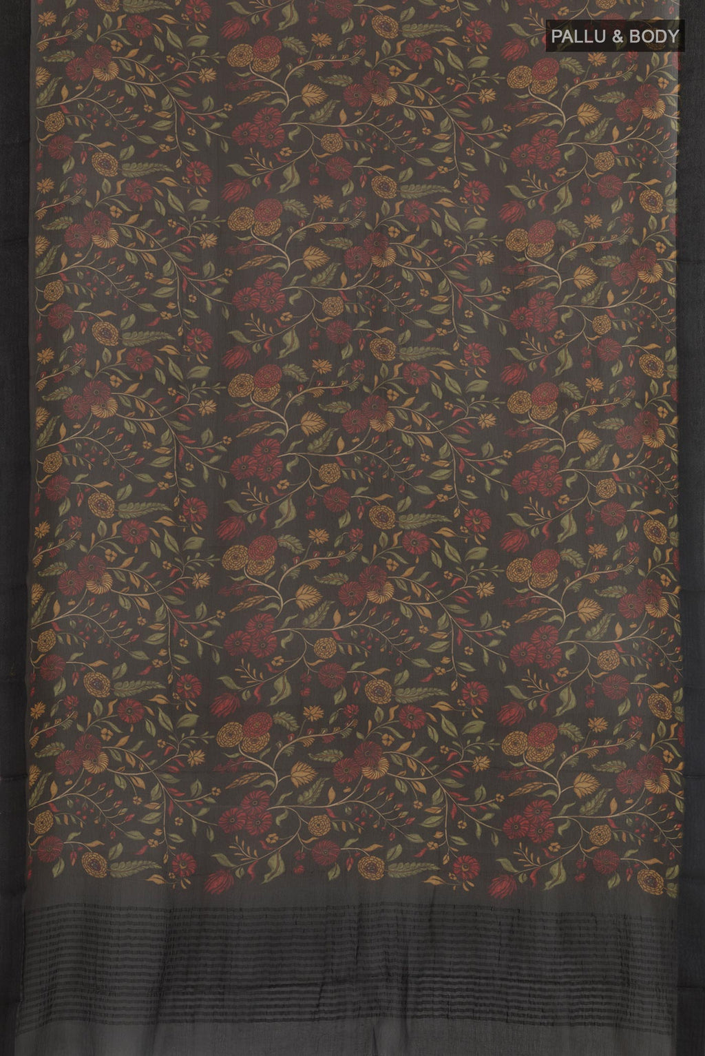 Flat view of Black Chiffon Saree with Printed design on the body and Zari Border. 