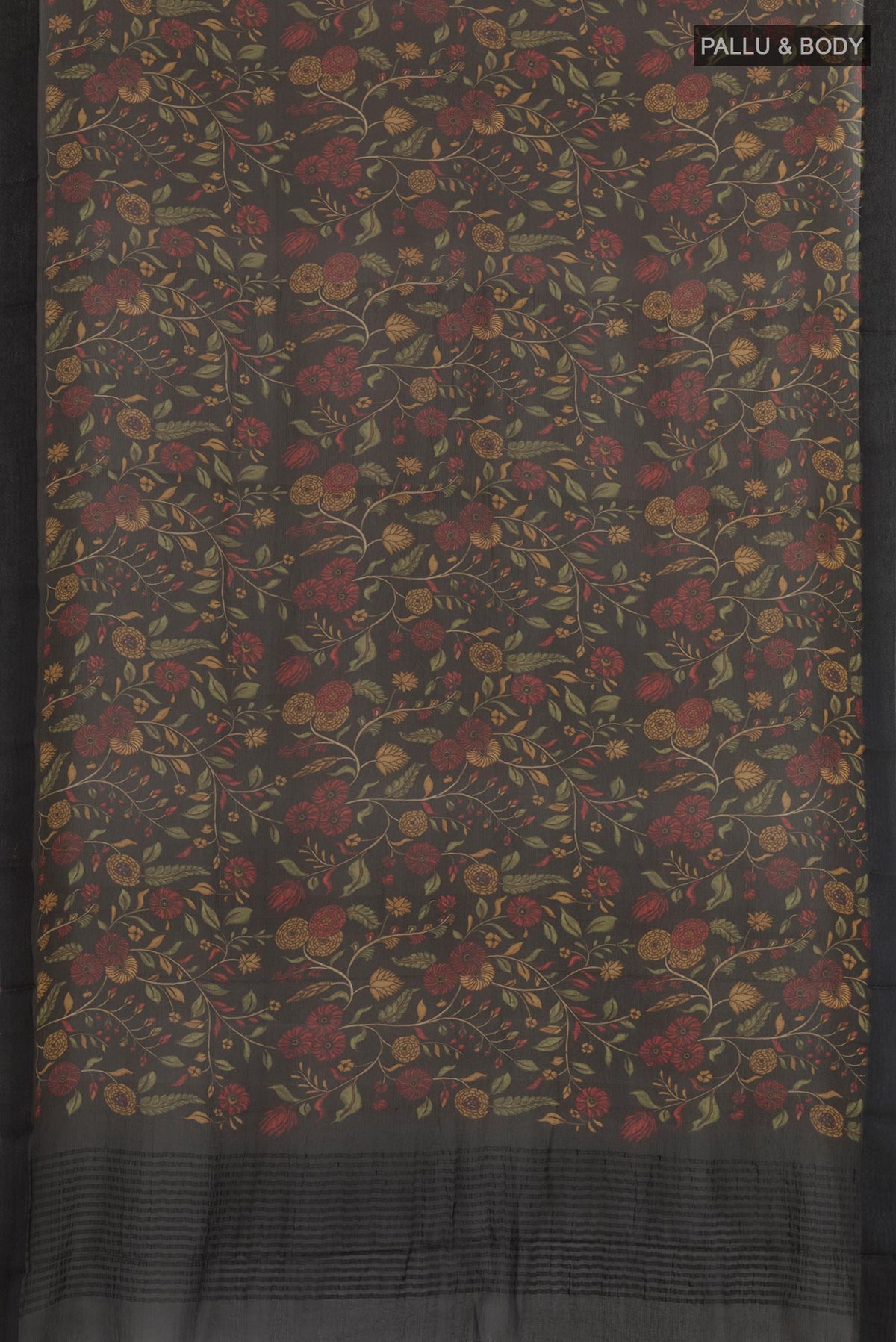 Flat view of Black Chiffon Saree with Printed design on the body and Zari Border. 