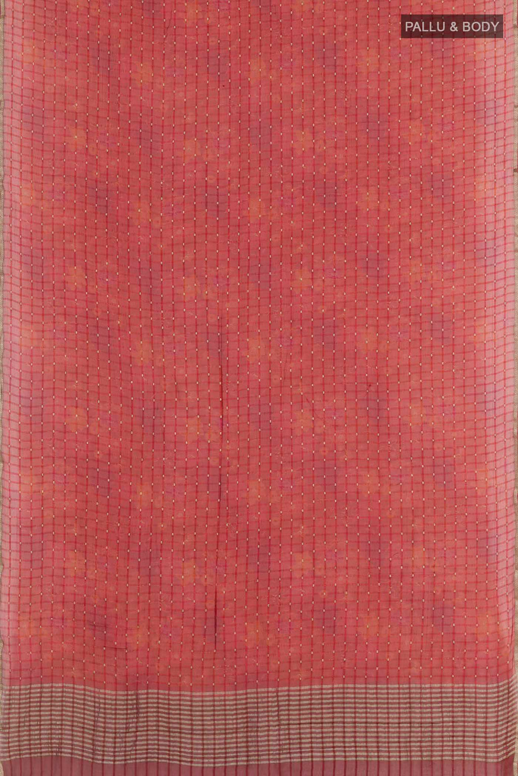 Flat view of Red Mysore Crepe Saree with Zari Butta on the body and Zari Border. 