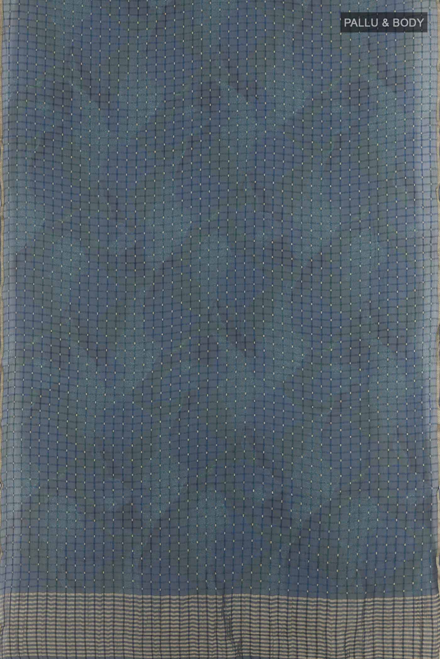 Flat view of Blue Mysore Chiffon Saree with Zari Butta on the body and Plain Border. 