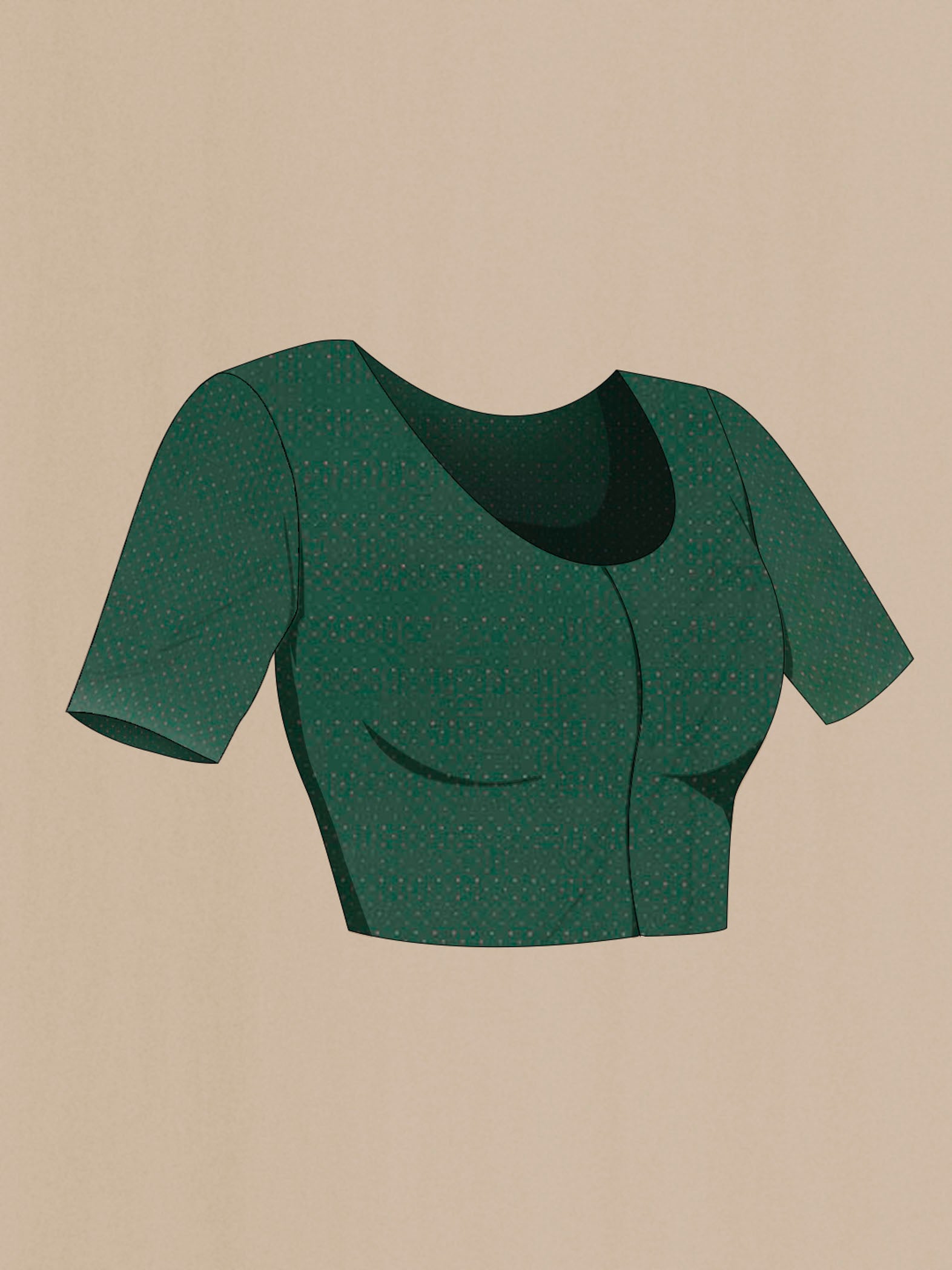 Close up image of the blouse of Green Mysore Chiffon Saree with Zari Butta on the body and Zari Border. 