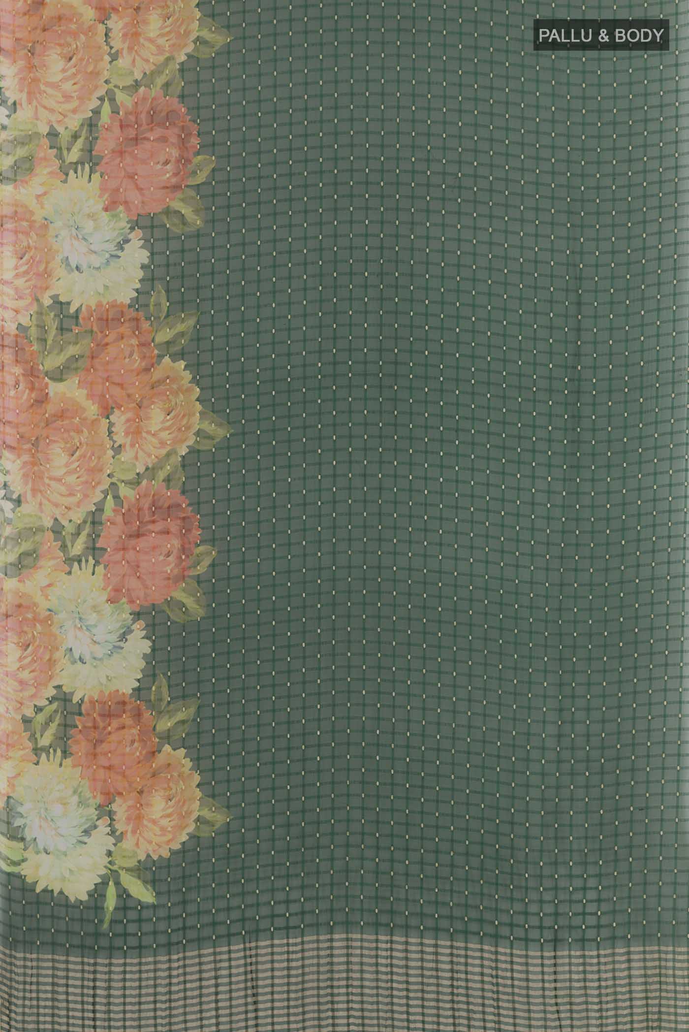 Flat view of Green Mysore Chiffon Saree with Zari Butta on the body and Zari Border. 