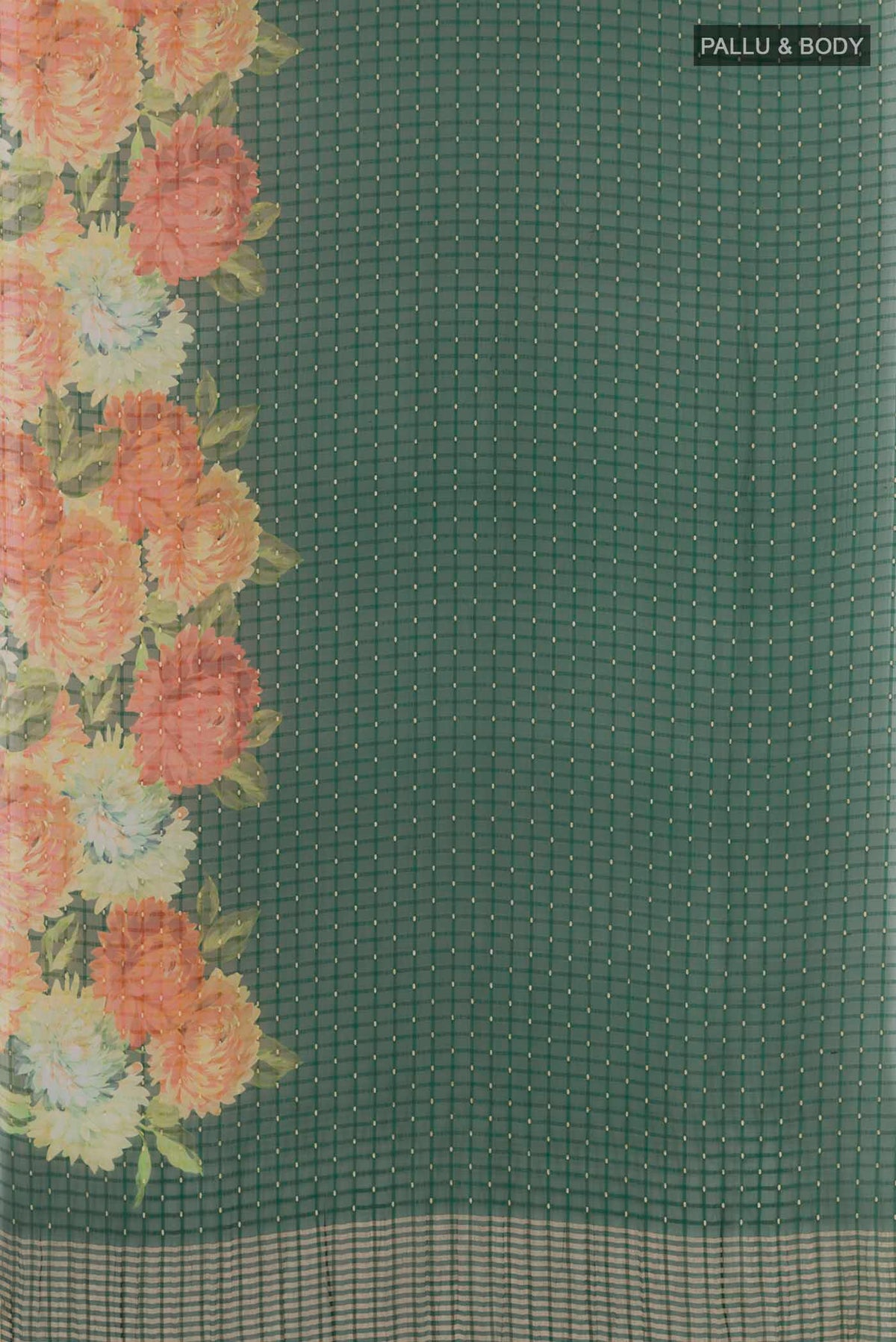 Flat view of Green Mysore Chiffon Saree with Zari Butta on the body and Zari Border. 
