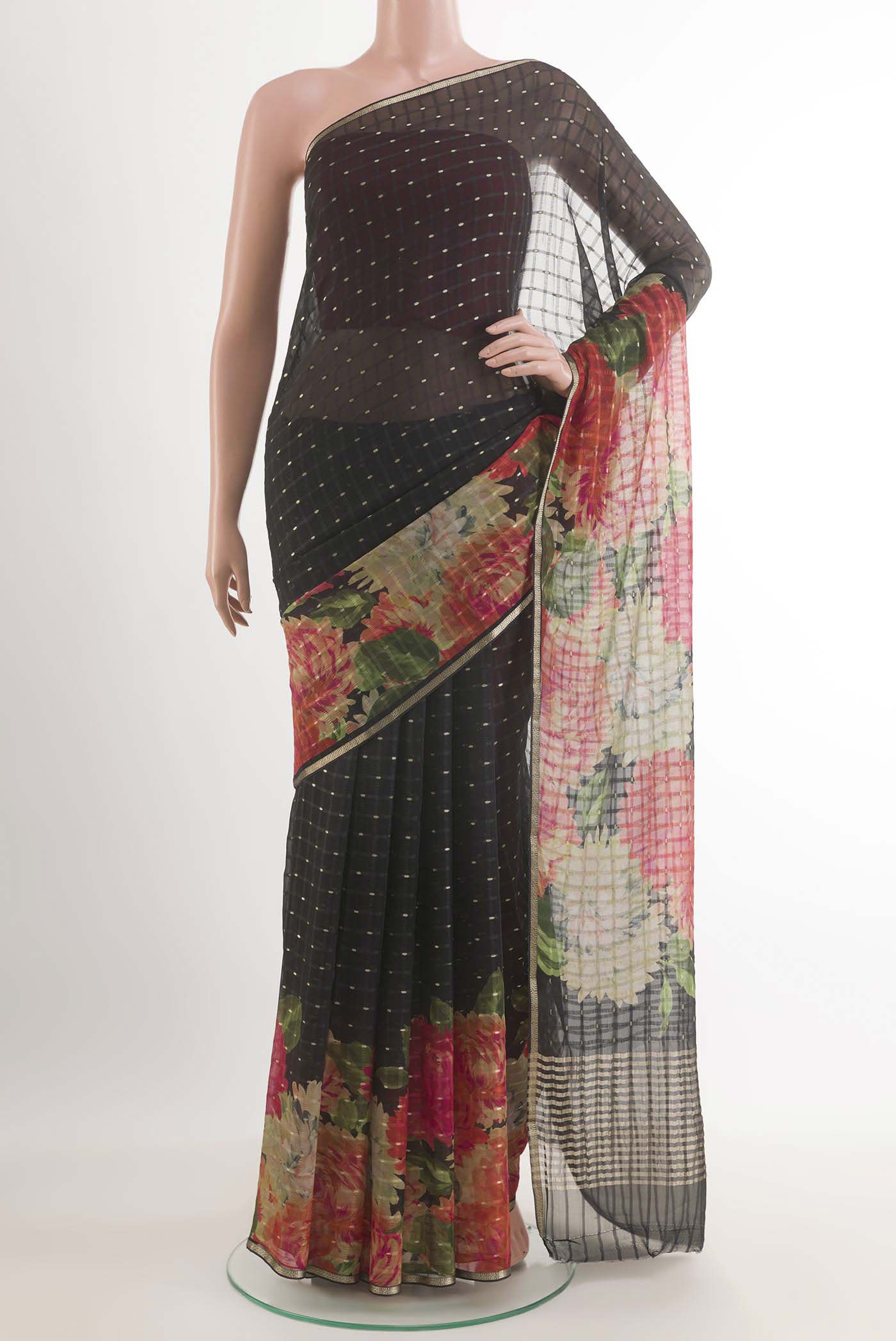 Black Mysore Chiffon Saree with Zari Butta on the body and Plain Border.  displayed on a mannequin