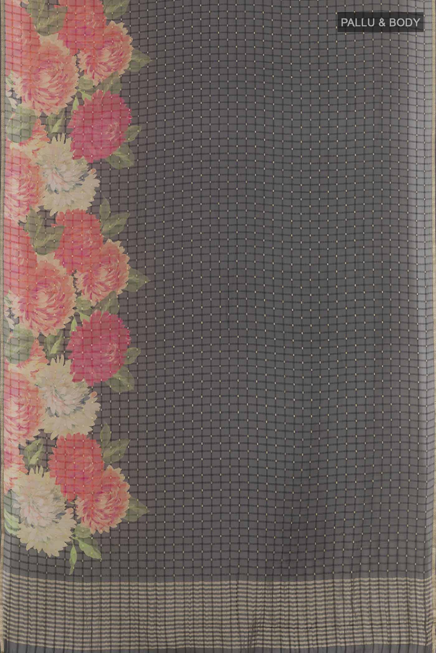 Flat view of Black Mysore Chiffon Saree with Zari Butta on the body and Plain Border. 