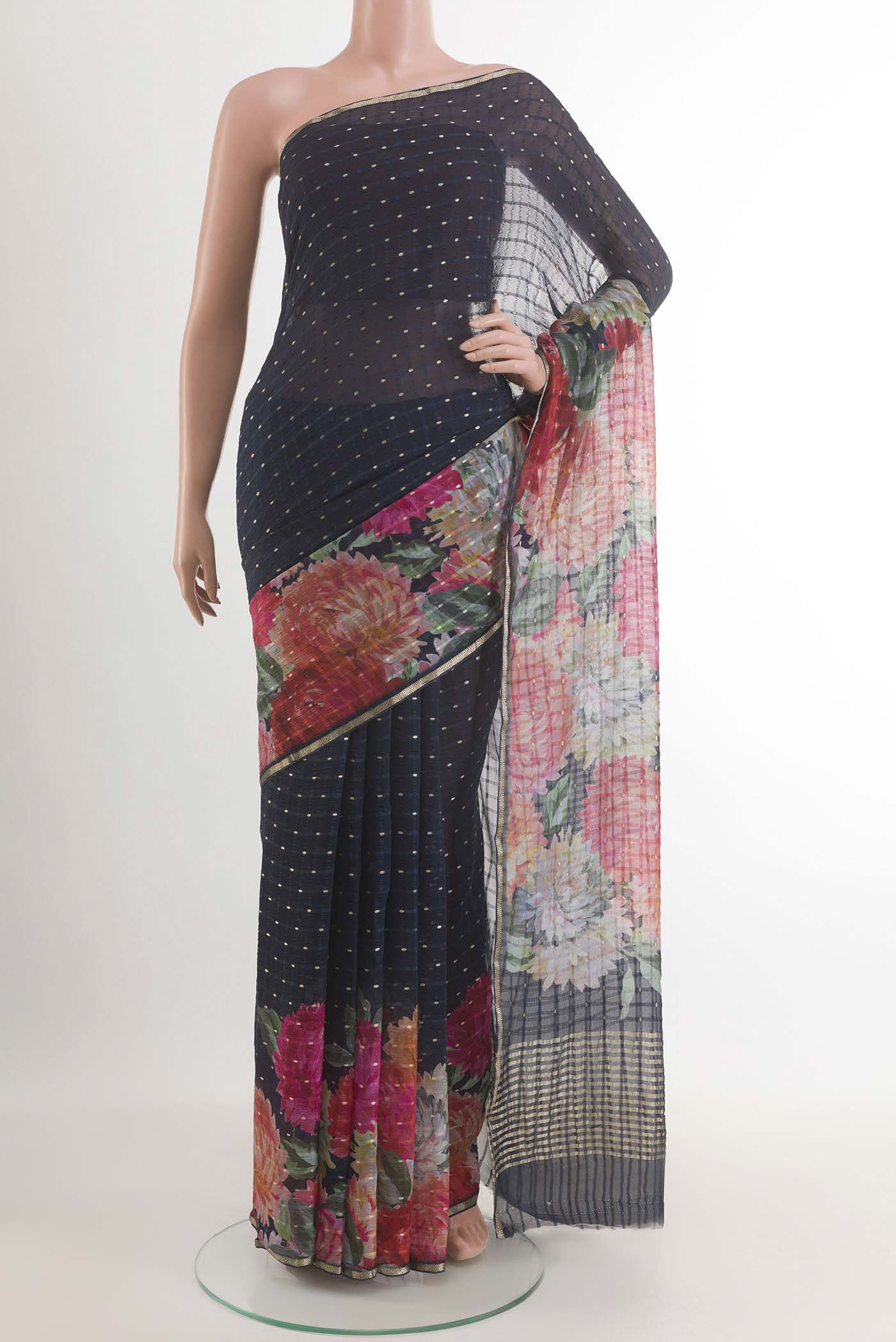 Blue Mysore Chiffon Saree with Zari Butta on the body and Zari Border.  displayed on a mannequin