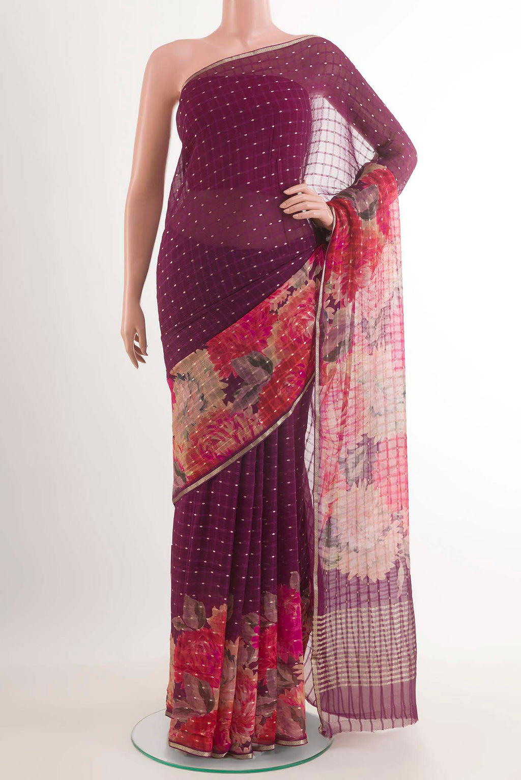 Purple Mysore Chiffon Saree with Zari Butta on the body and Plain Border.  displayed on a mannequin