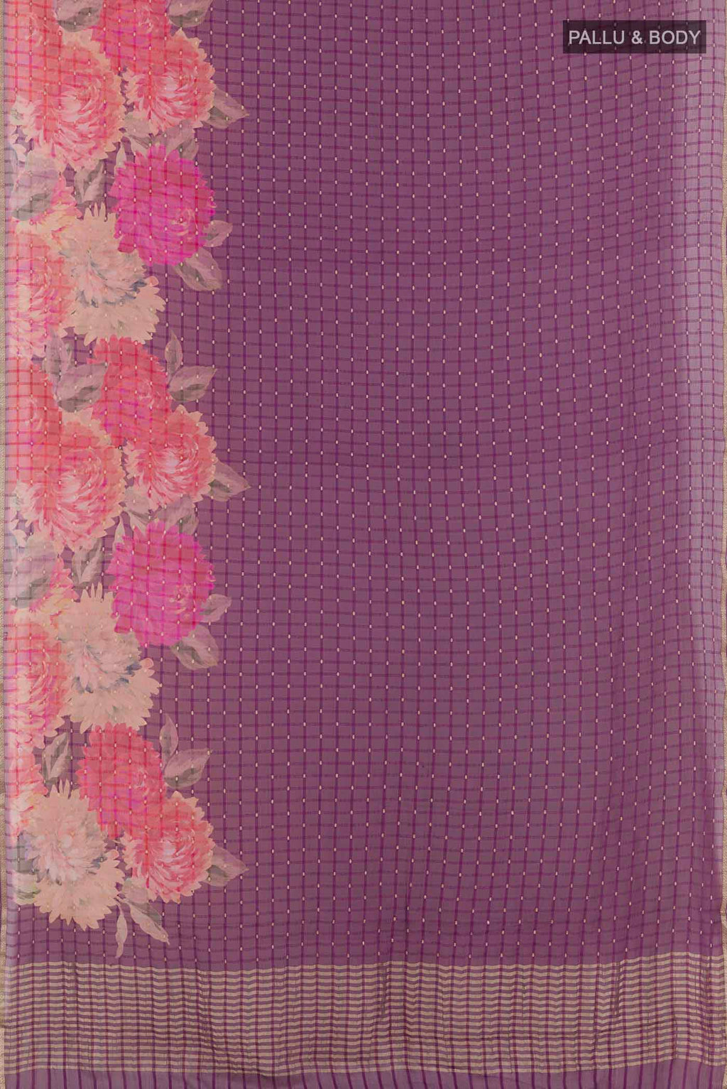 Flat view of Purple Mysore Chiffon Saree with Zari Butta on the body and Plain Border. 