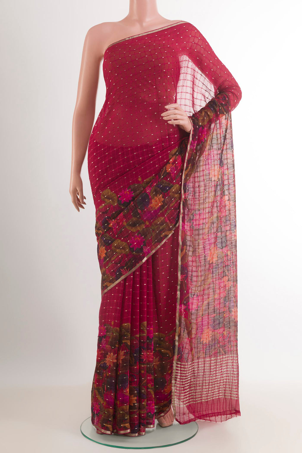 Red Mysore Chiffon Saree with Printed design on the body and Zari Border.  displayed on a mannequin
