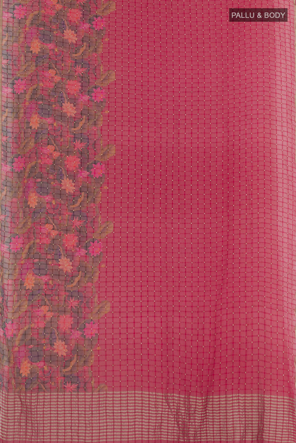 Flat view of Red Mysore Chiffon Saree with Printed design on the body and Zari Border. 