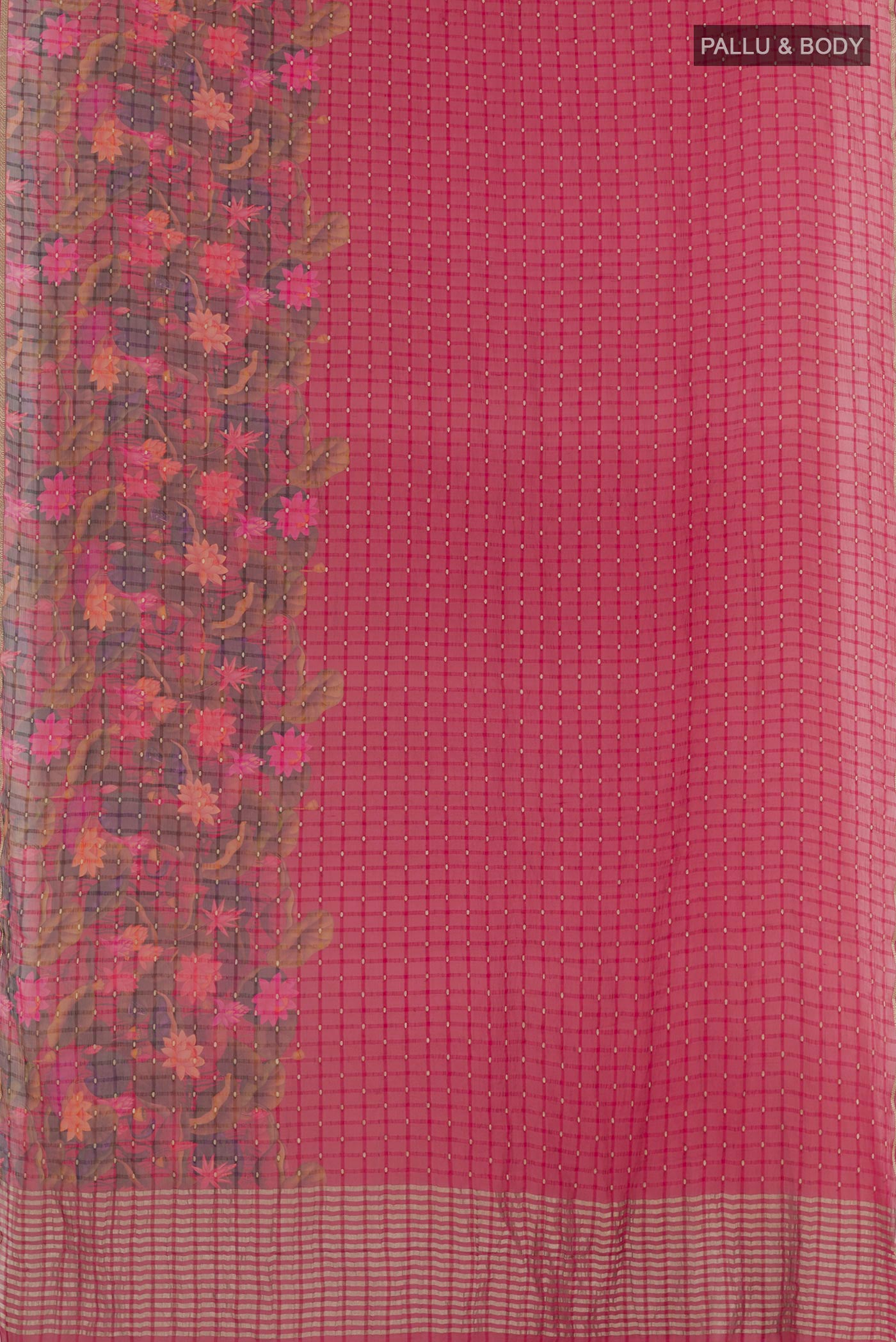 Flat view of Red Mysore Chiffon Saree with Printed design on the body and Zari Border. 