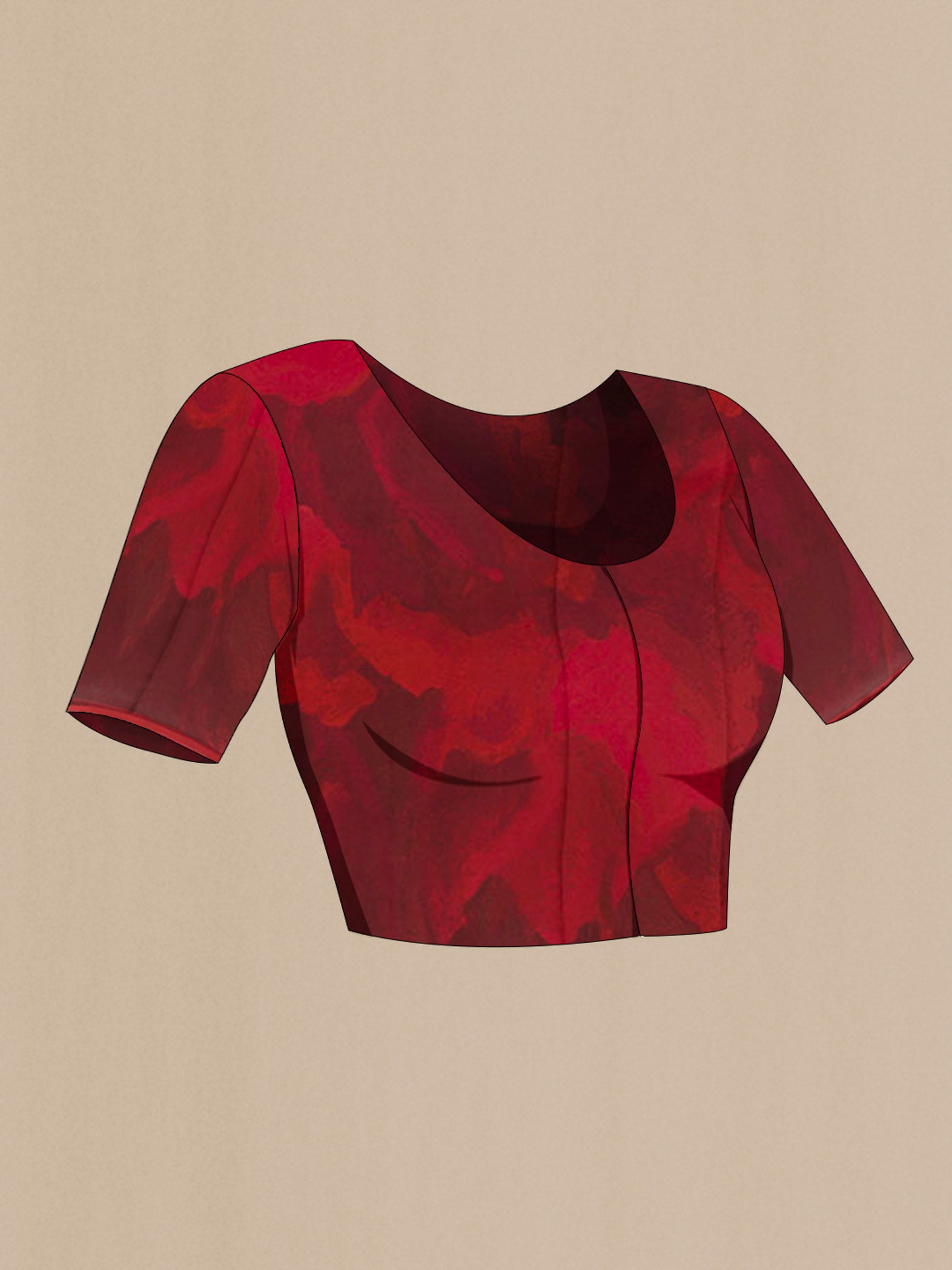 Close up image of the blouse of Multi Color Mysore Crepe Saree with Printed design on the body and Plain Border. 