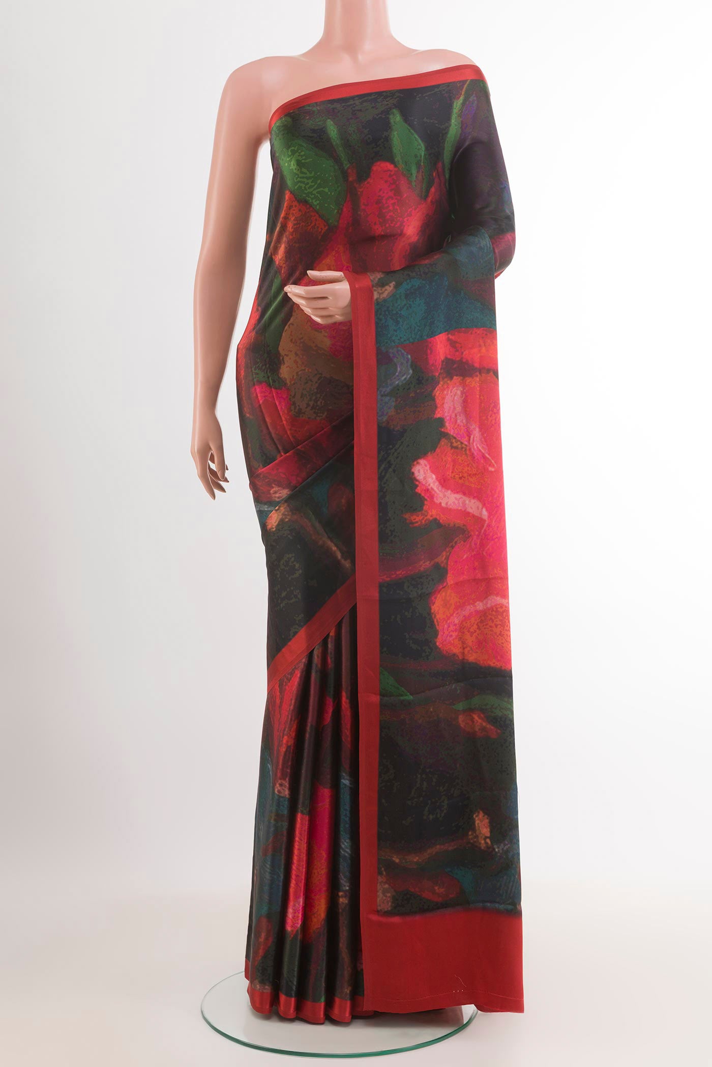 Multi Color Mysore Crepe Saree with Printed design on the body and Plain Border.  displayed on a mannequin
