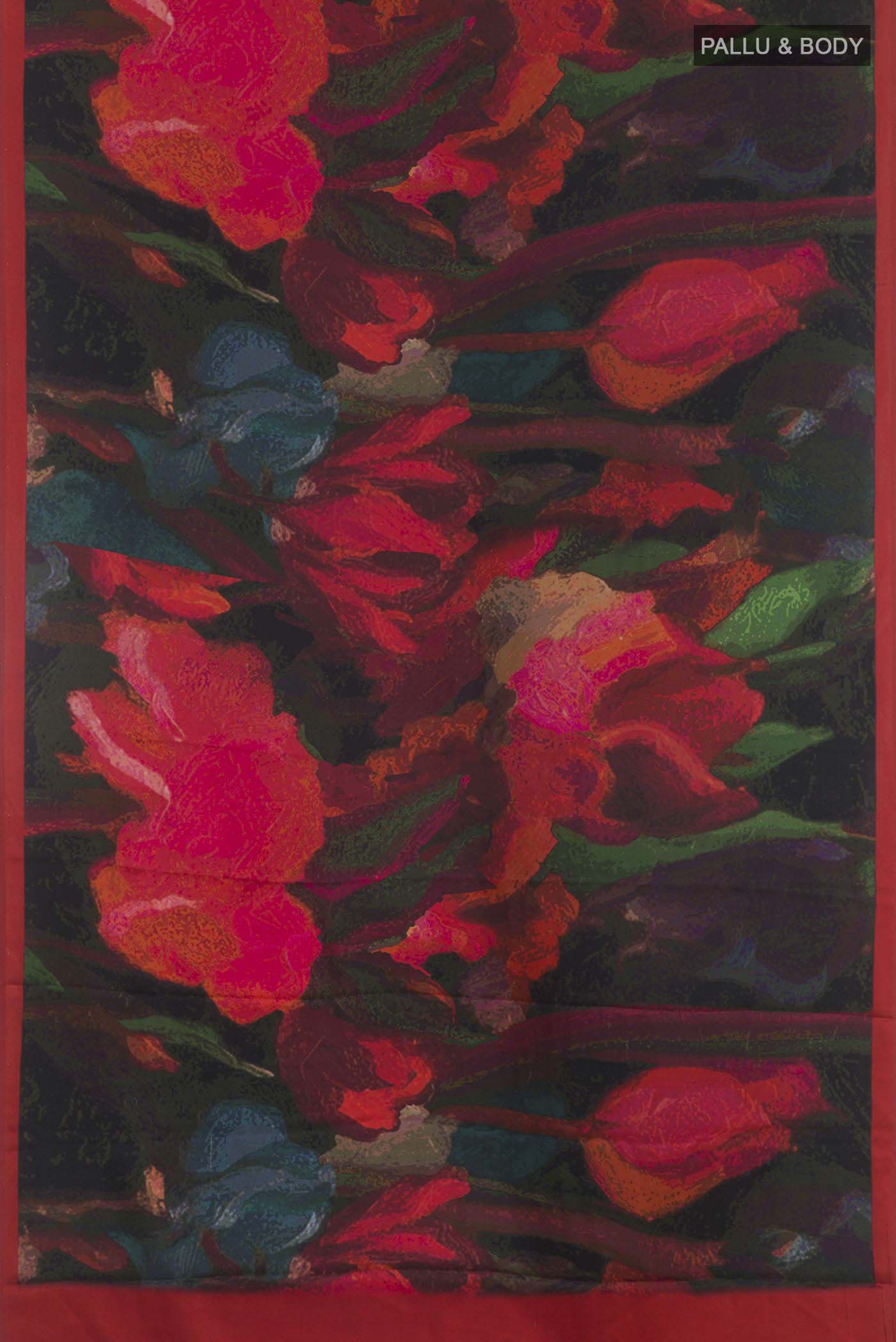 Flat view of Multi Color Mysore Crepe Saree with Printed design on the body and Plain Border. 