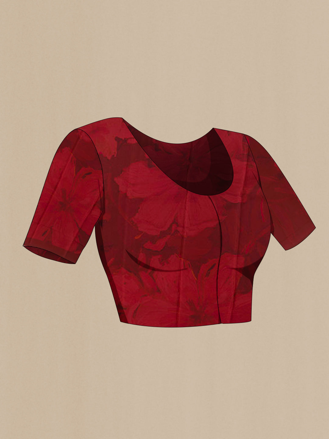Close up image of the blouse of Rust Satin Silk Saree with Floral Print on the body and Without Border. 