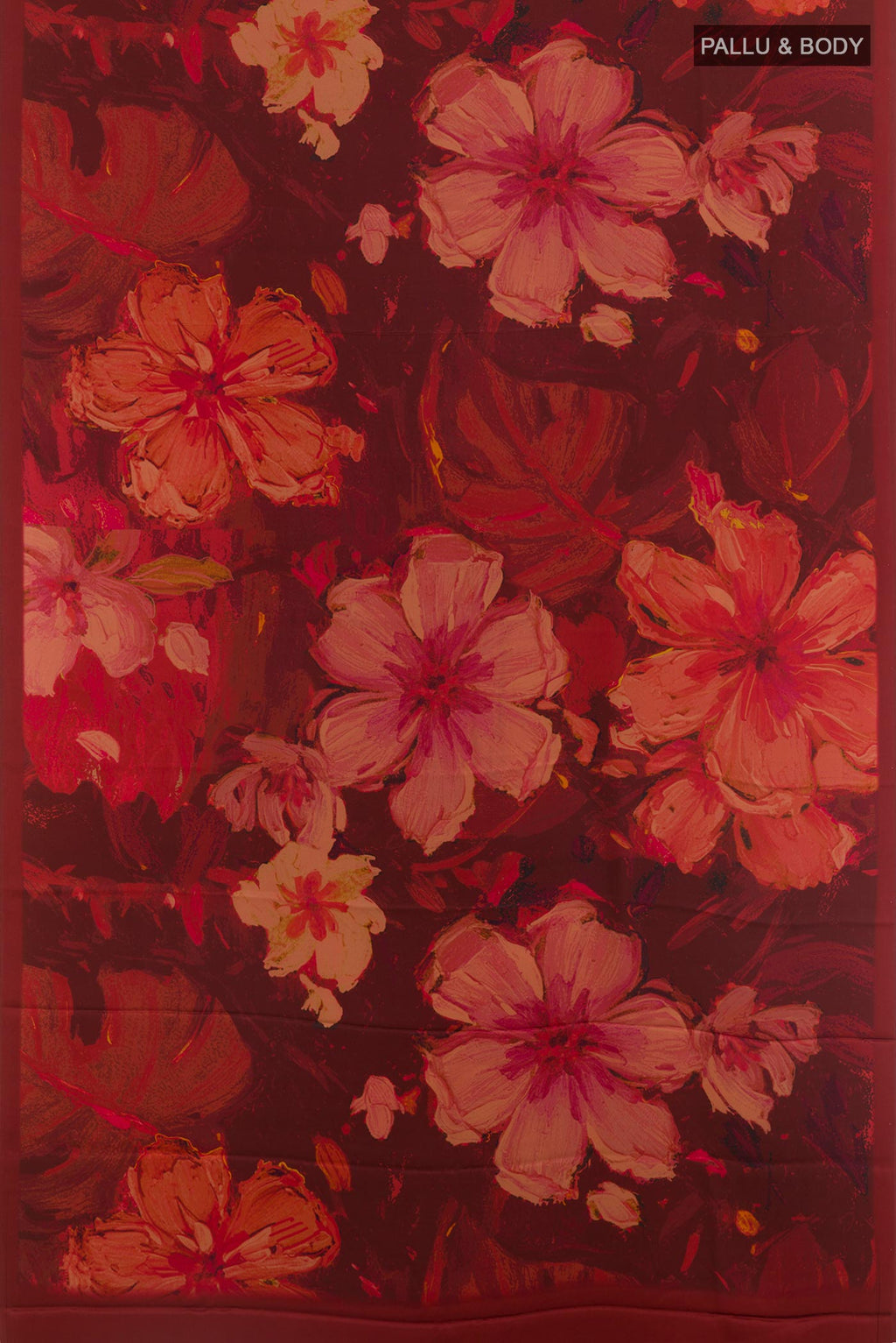 Flat view of Rust Satin Silk Saree with Floral Print on the body and Without Border. 
