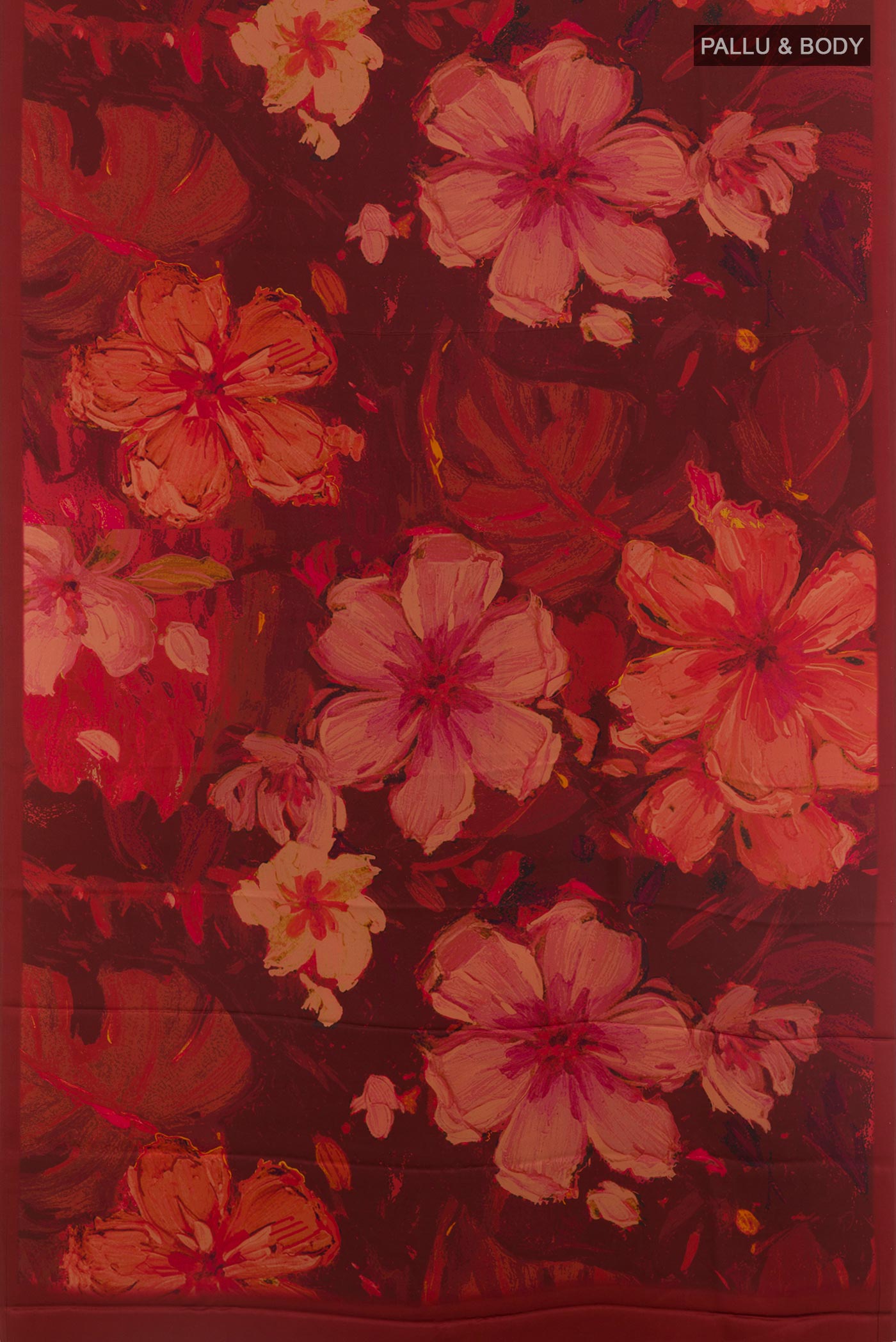 Flat view of Rust Satin Silk Saree with Floral Print on the body and Without Border. 