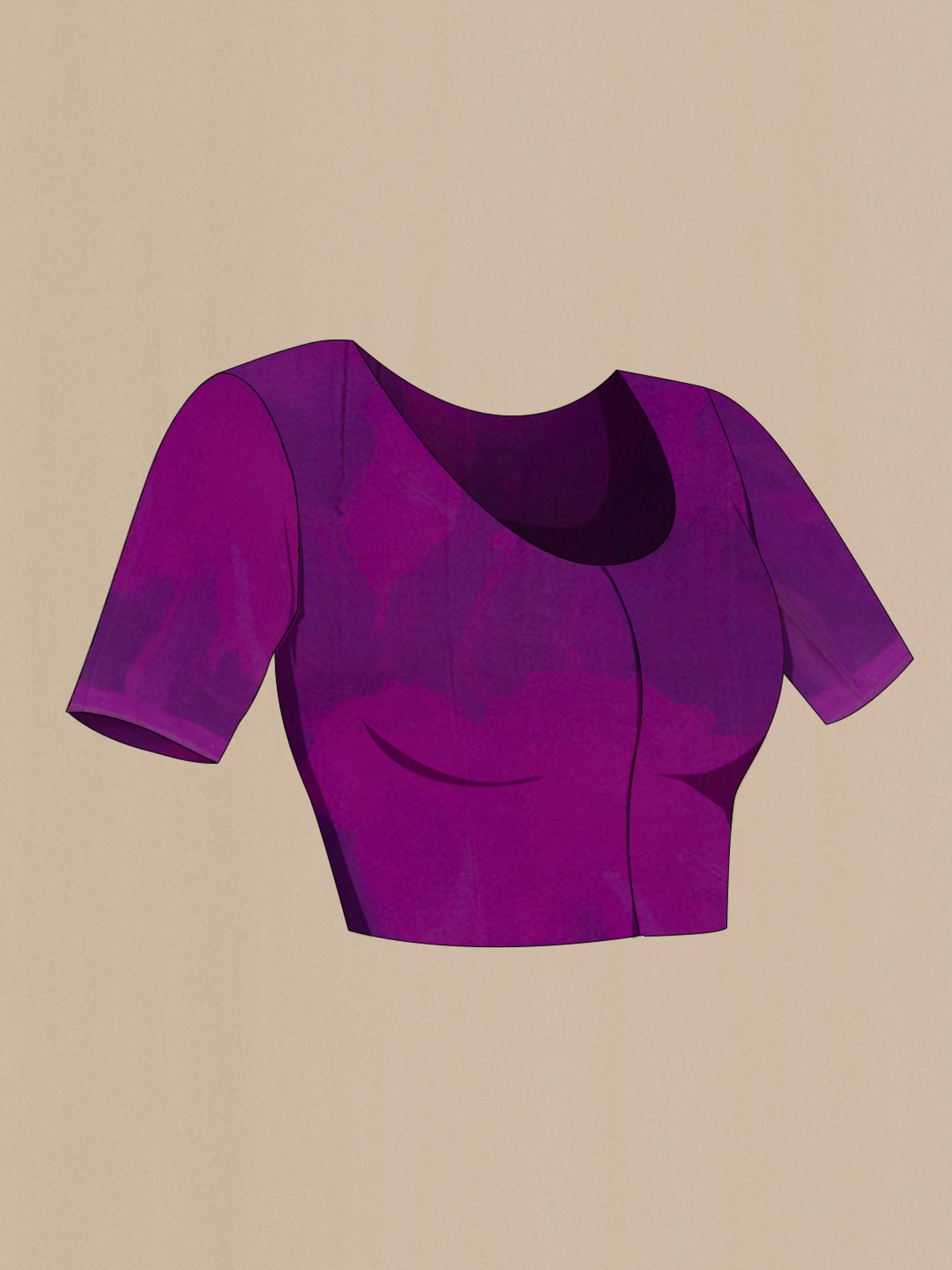 Close up image of the blouse of Multi Color Mysore Crepe Saree with Printed design on the body and Plain Border. 