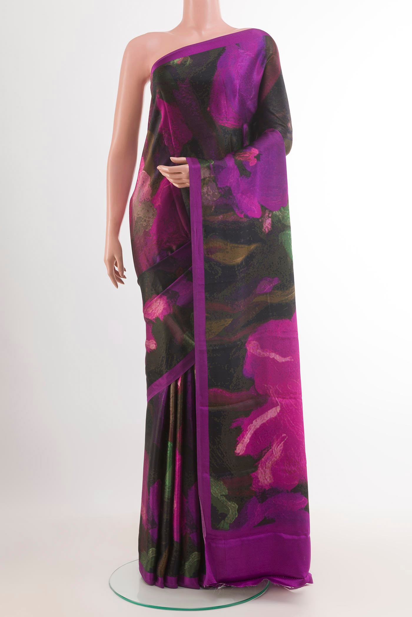 Multi Color Mysore Crepe Saree with Printed design on the body and Plain Border.  displayed on a mannequin