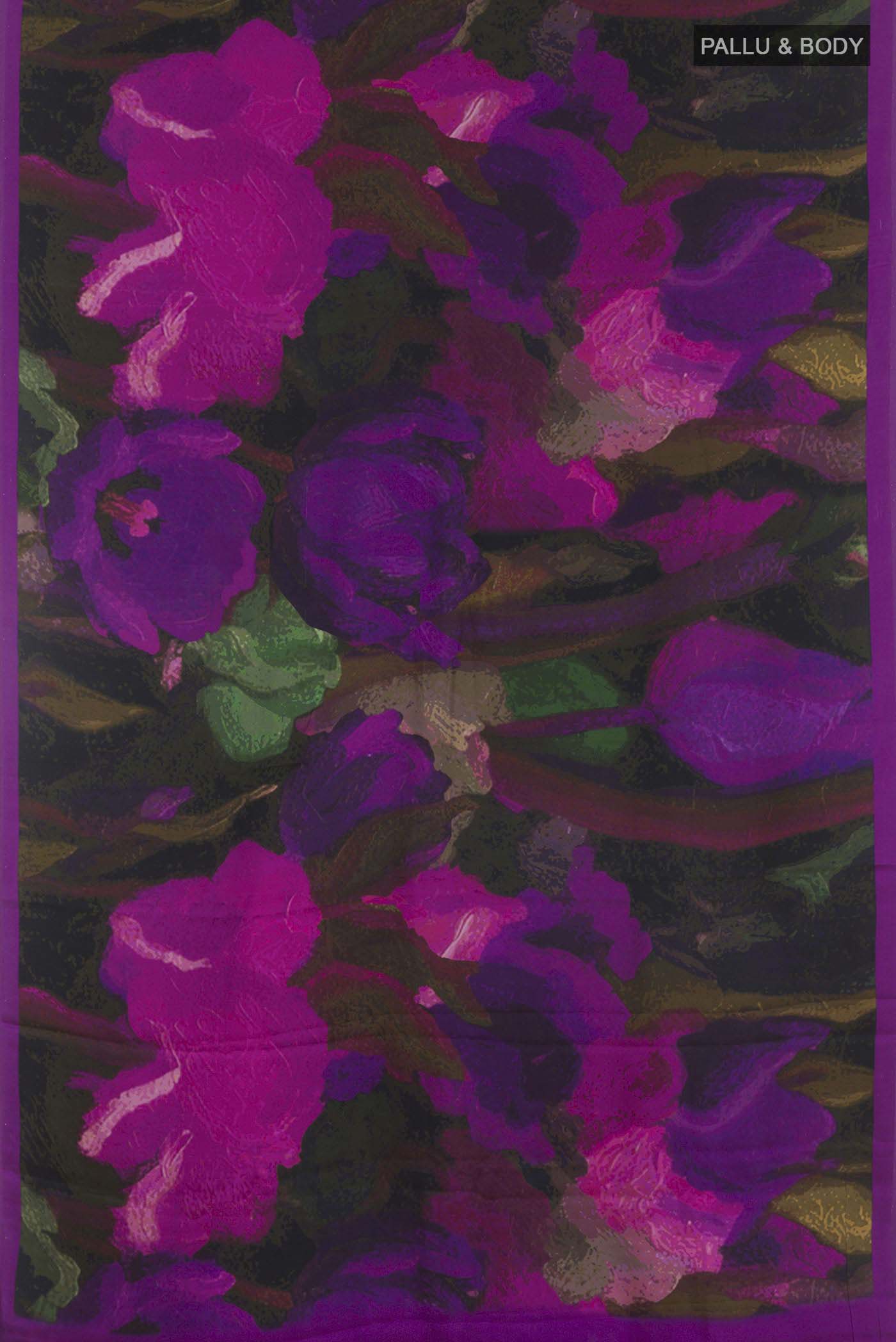 Flat view of Multi Color Mysore Crepe Saree with Printed design on the body and Plain Border. 