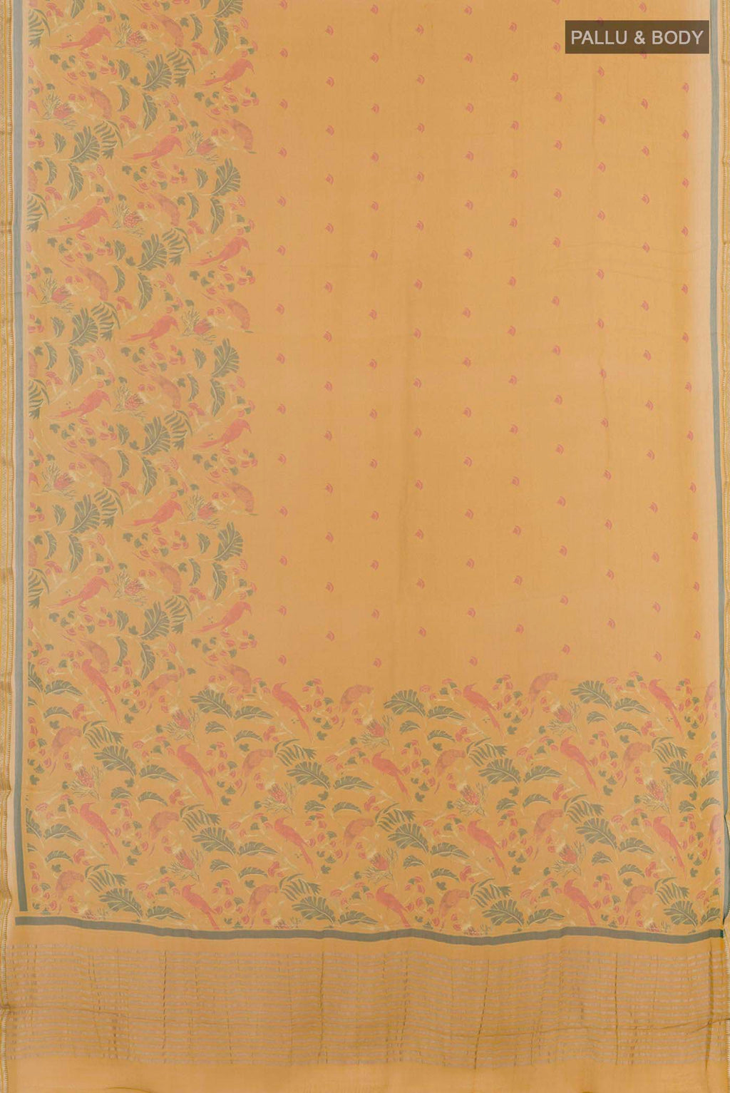 Flat view of Yellow Mysore Chiffon Saree with Printed design on the body and Zari Border. 