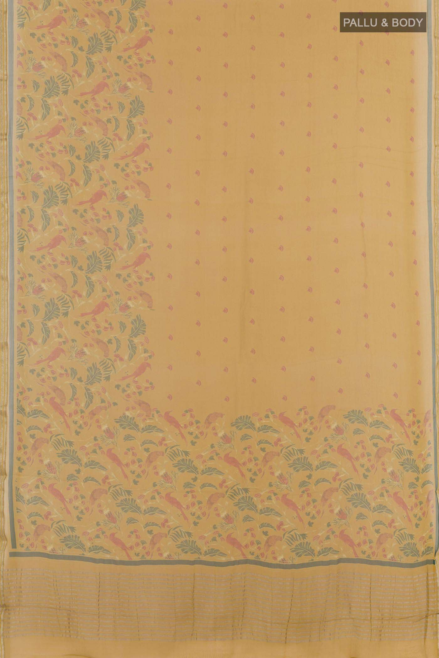 Flat view of Yellow Mysore Chiffon Saree with Printed design on the body and Zari Border. 