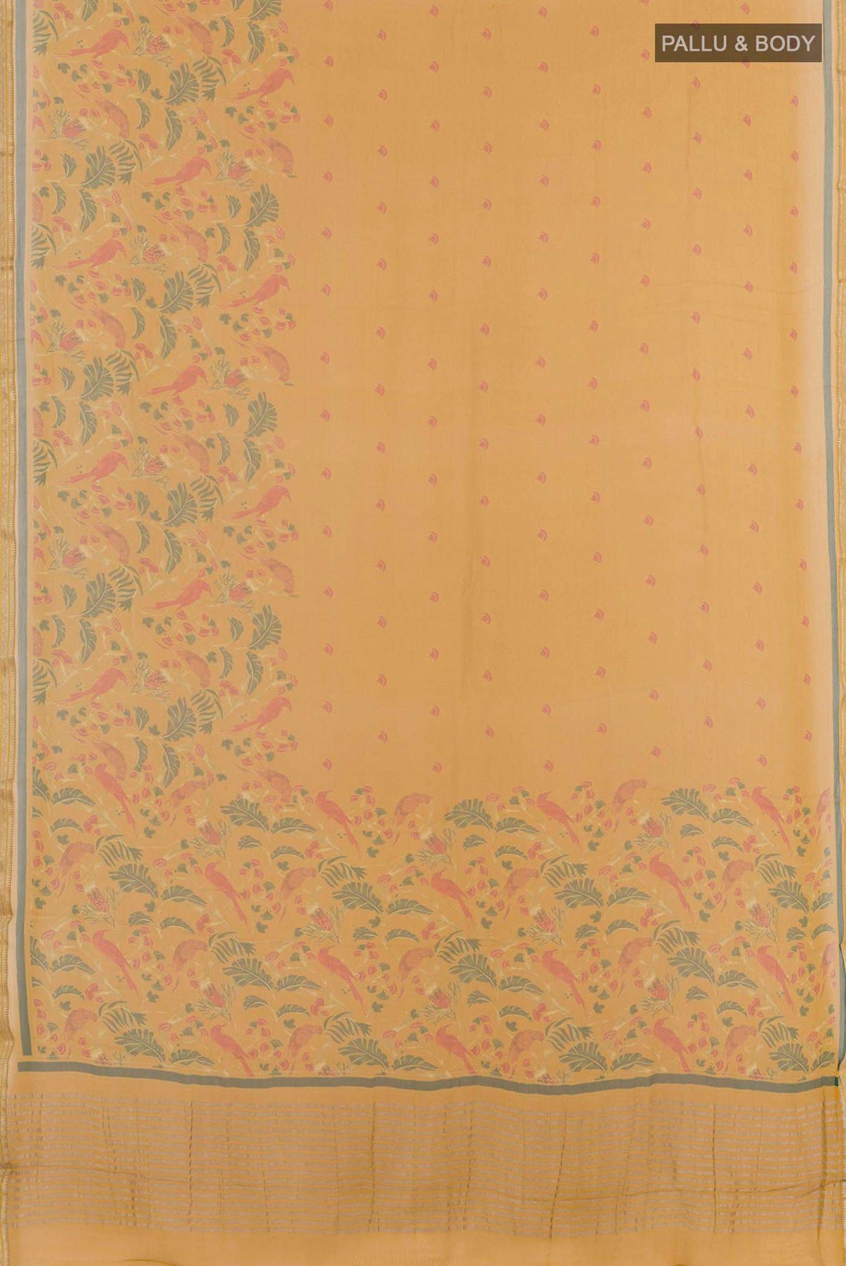 Flat view of Yellow Mysore Chiffon Saree with Printed design on the body and Zari Border. 