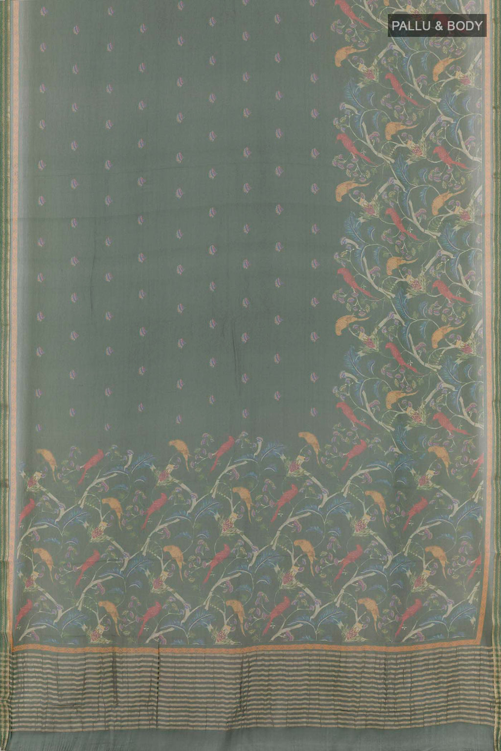 Flat view of Green Mysore Chiffon Saree with Printed design on the body and Zari Border. 