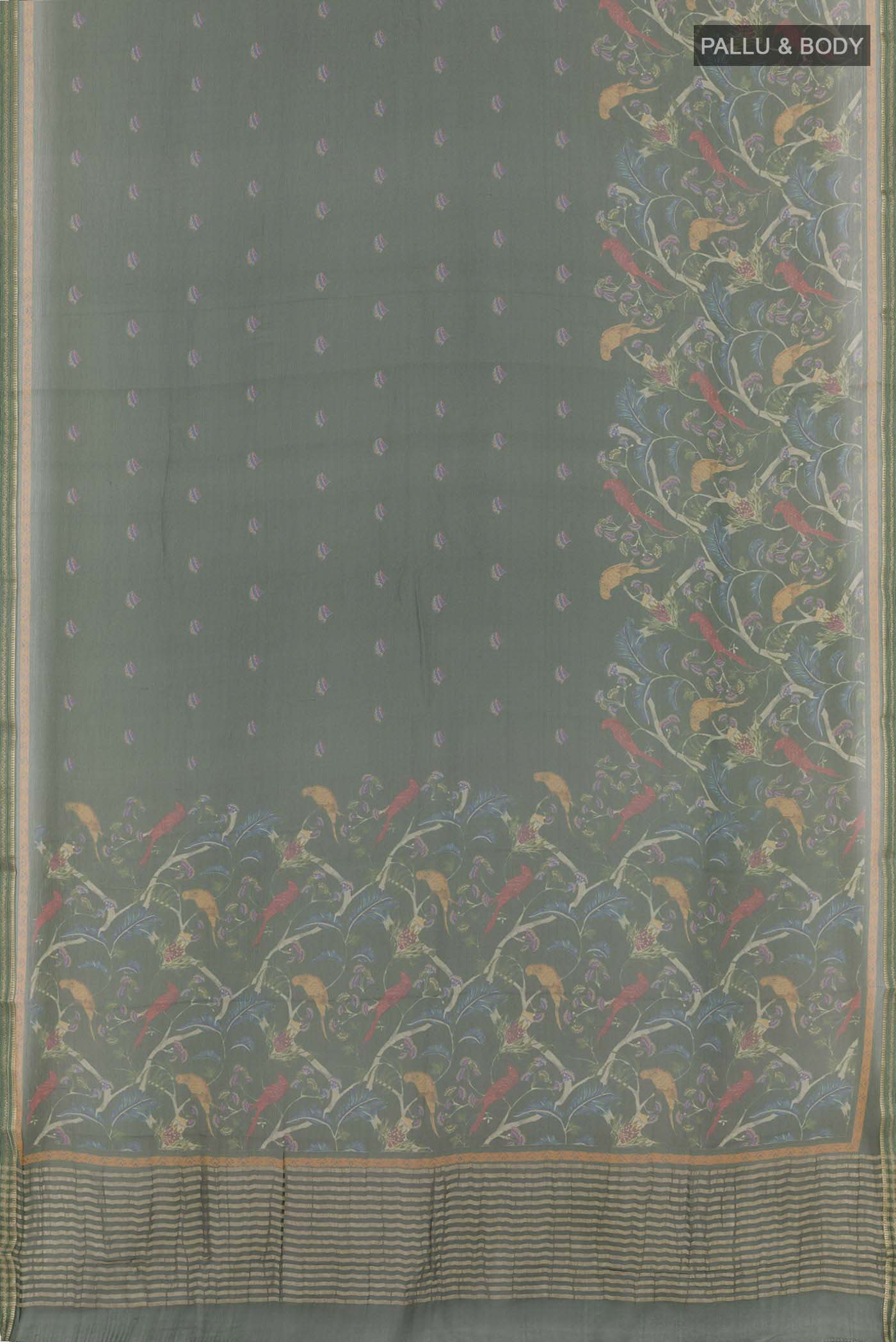 Flat view of Green Mysore Chiffon Saree with Printed design on the body and Zari Border. 