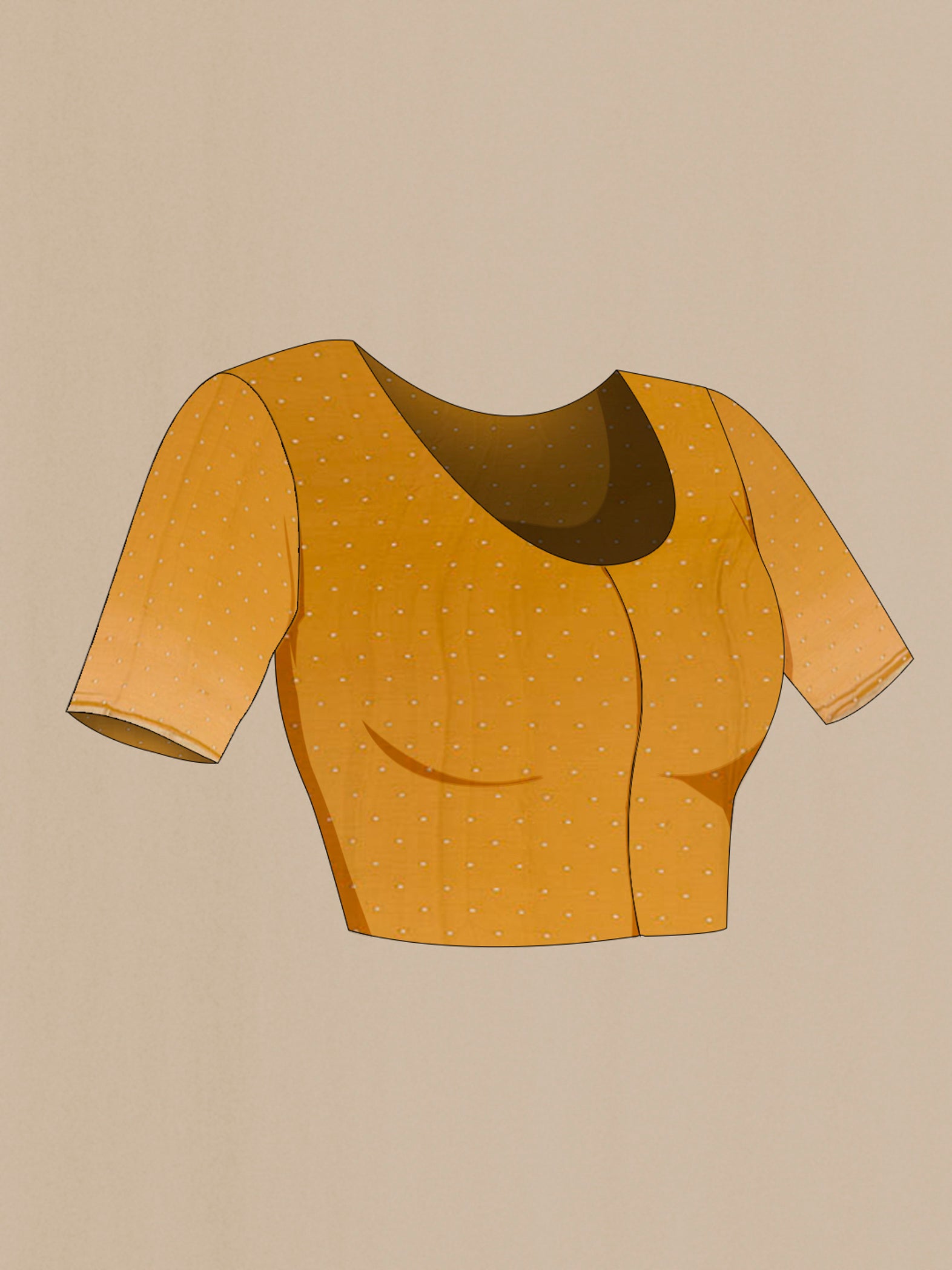 Close up image of the blouse of Yellow Mysore Chiffon Saree with Printed design on the body and Plain Border. 