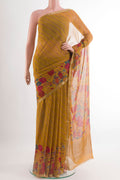 Yellow Mysore Chiffon Saree with Printed design on the body and Plain Border.  displayed on a mannequin