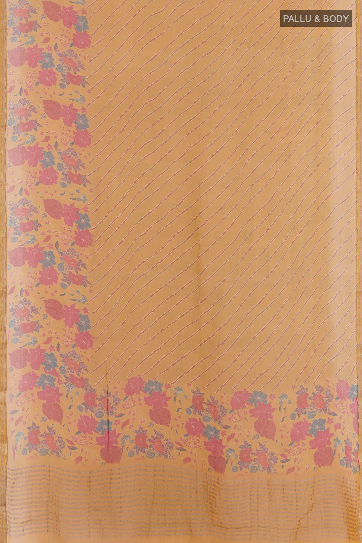 Flat view of Yellow Mysore Chiffon Saree with Printed design on the body and Plain Border. 