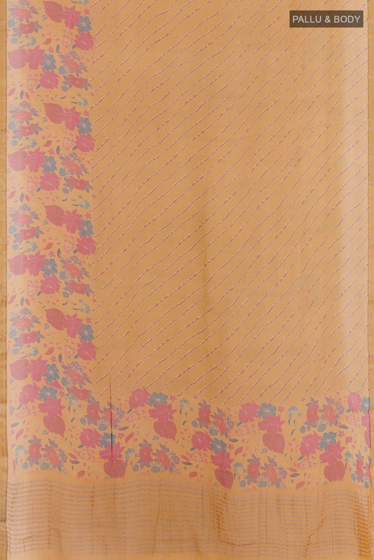 Flat view of Yellow Mysore Chiffon Saree with Printed design on the body and Plain Border. 