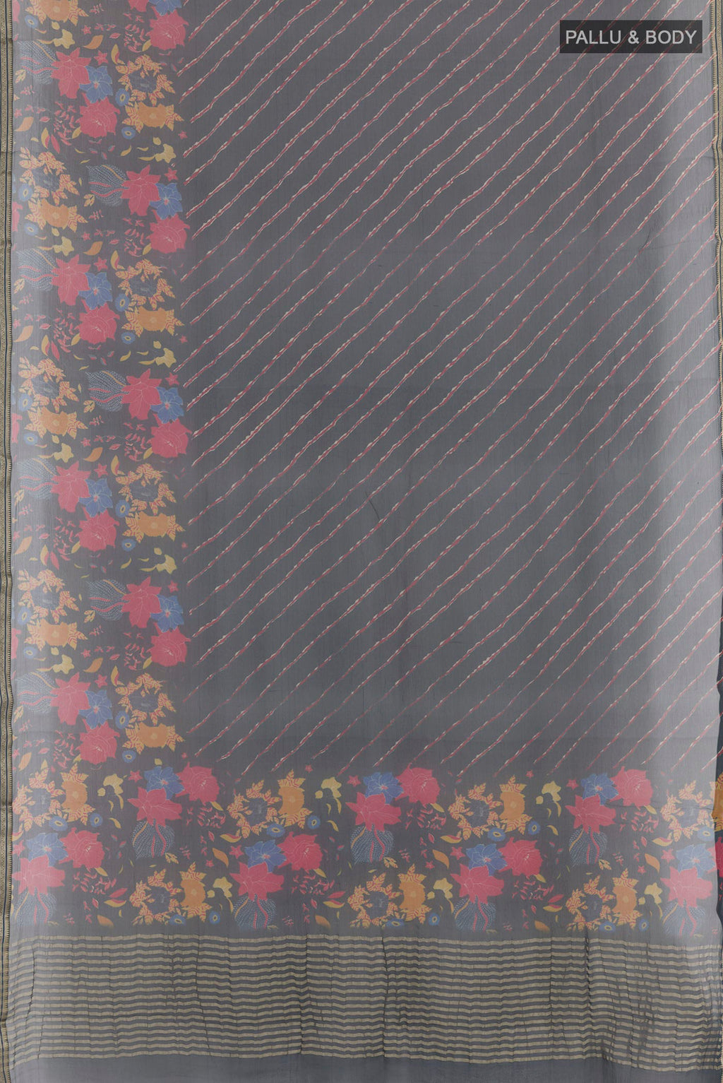 Flat view of Blue Mysore Chiffon Saree with Printed design on the body and Plain Border. 