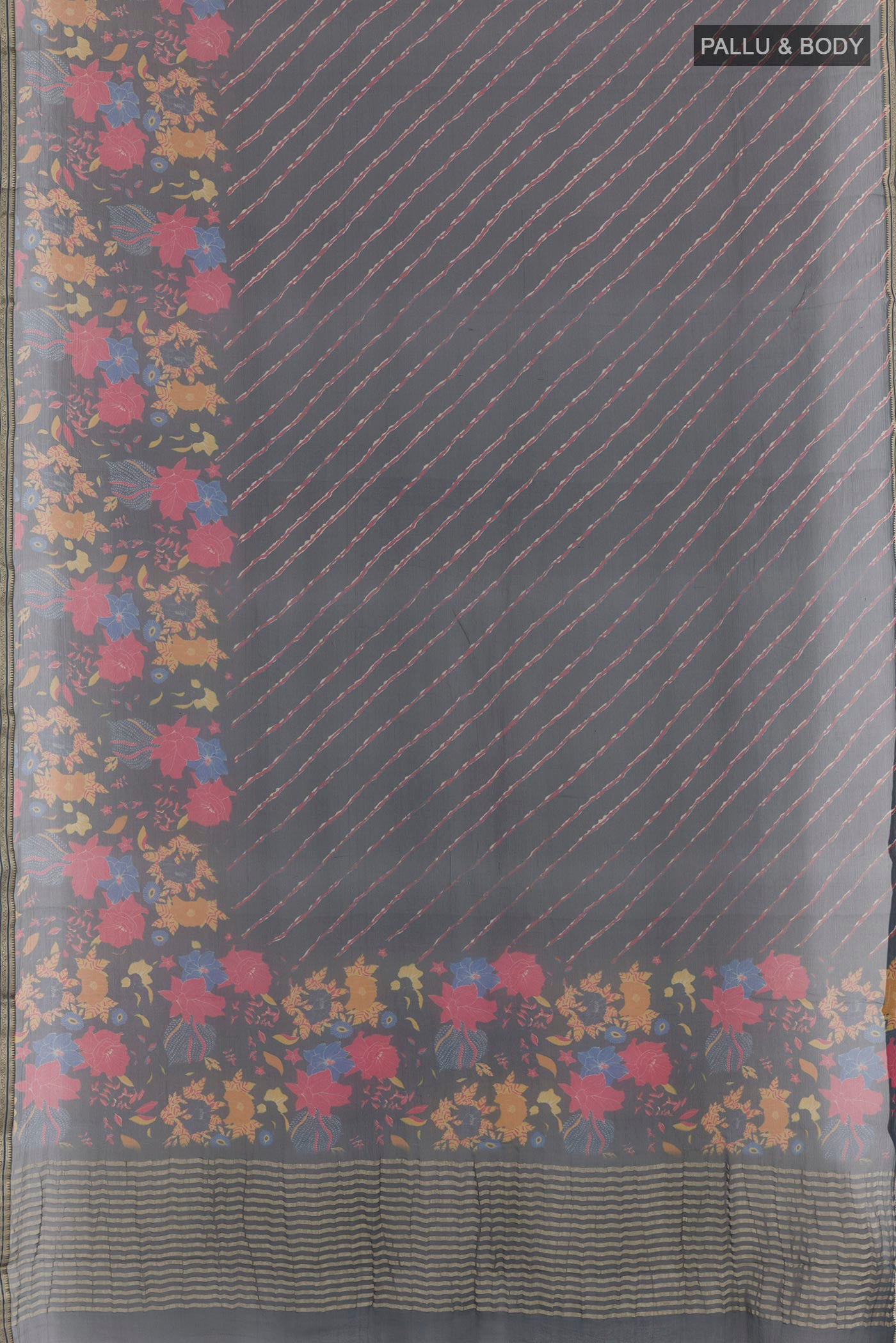 Flat view of Blue Mysore Chiffon Saree with Printed design on the body and Plain Border. 