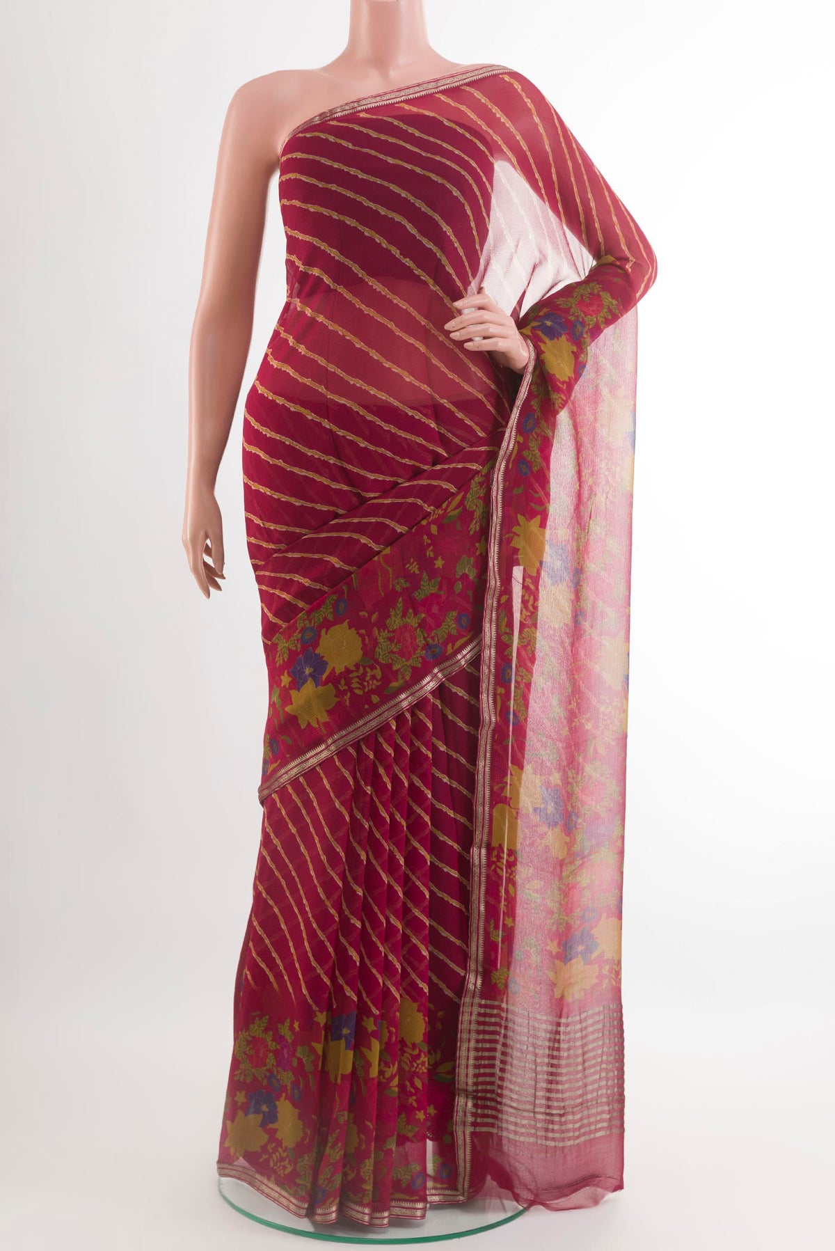 Red Mysore Chiffon Saree with Printed design on the body and Plain Border.  displayed on a mannequin