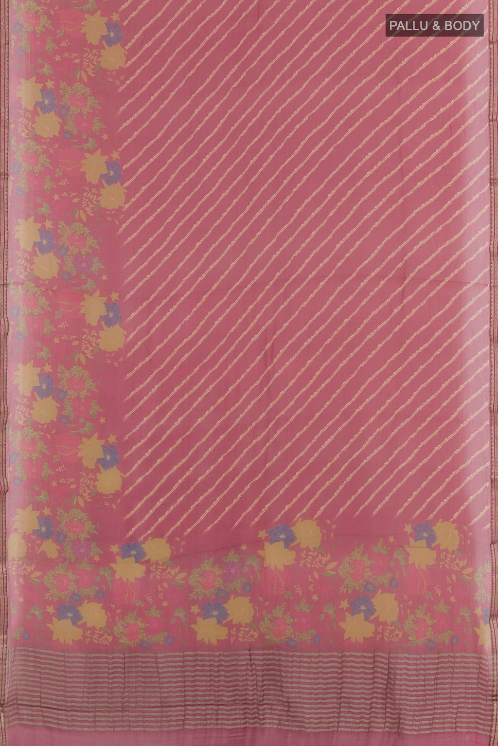 Flat view of Red Mysore Chiffon Saree with Printed design on the body and Plain Border. 