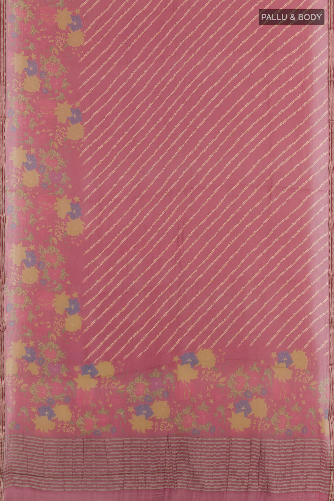 Flat view of Red Mysore Chiffon Saree with Printed design on the body and Plain Border. 