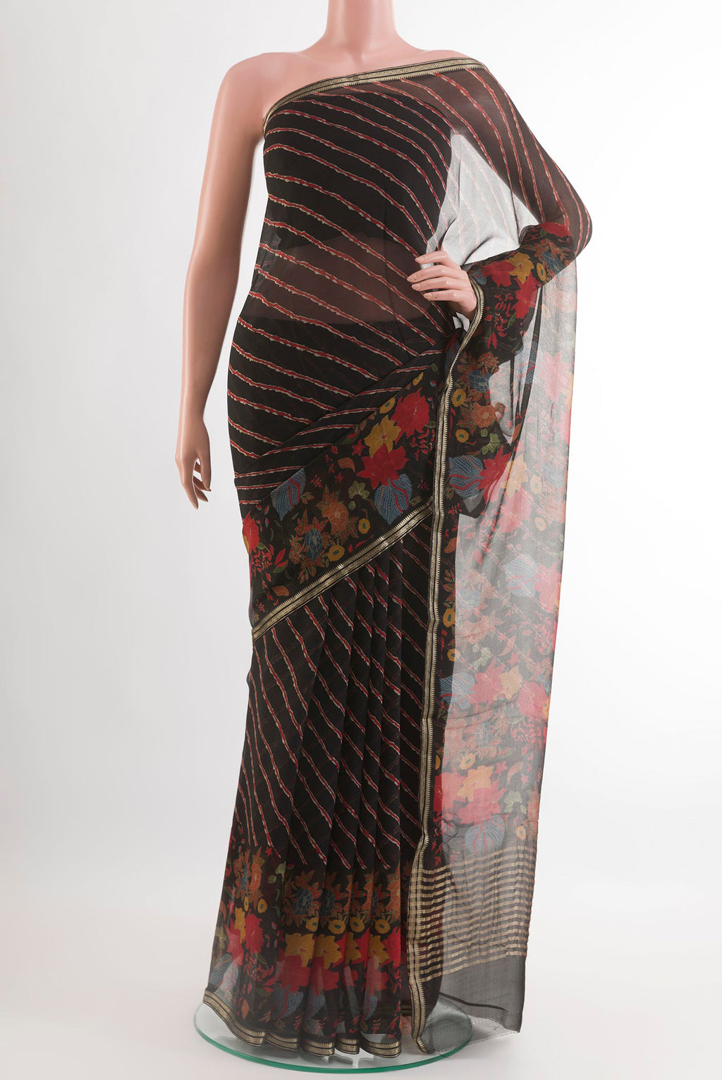 Black Mysore Chiffon Saree with Plain Body and Plain Border.  displayed on a mannequin